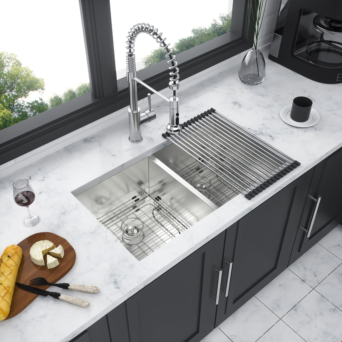 32" Undermount Double Bowl Kitchen Sink, 16 Gauge Stainless Steel, 50/50