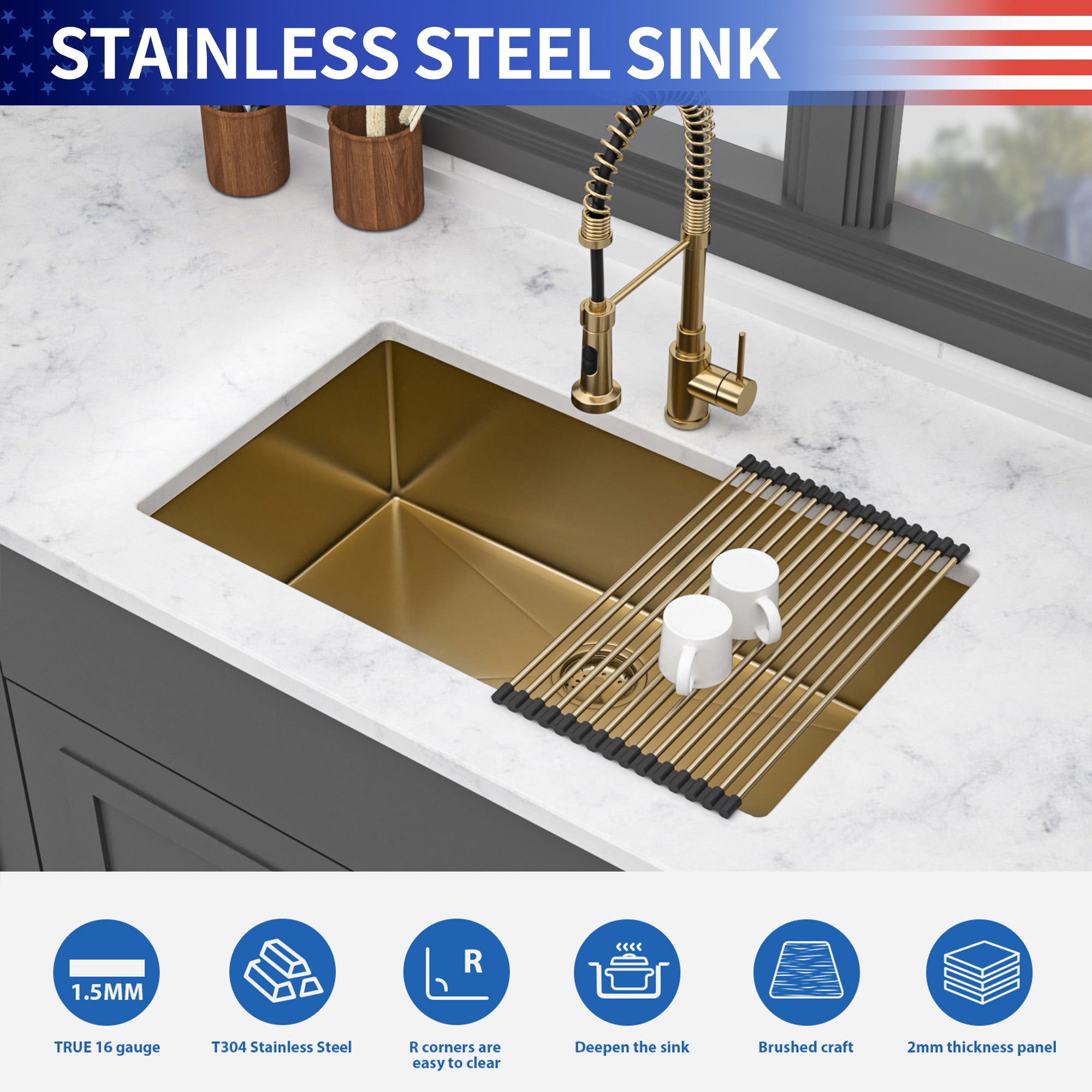 32" Undermount Single Bowl Kitchen Sink, 16 Gauge Gold Stainless Steel