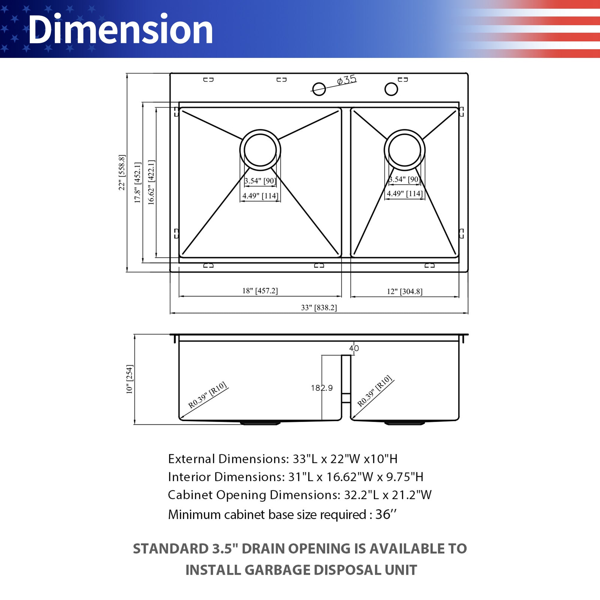 33" Drop-In Double Bowl Kitchen Sink, 16 Gauge Stainless Steel, 50/50