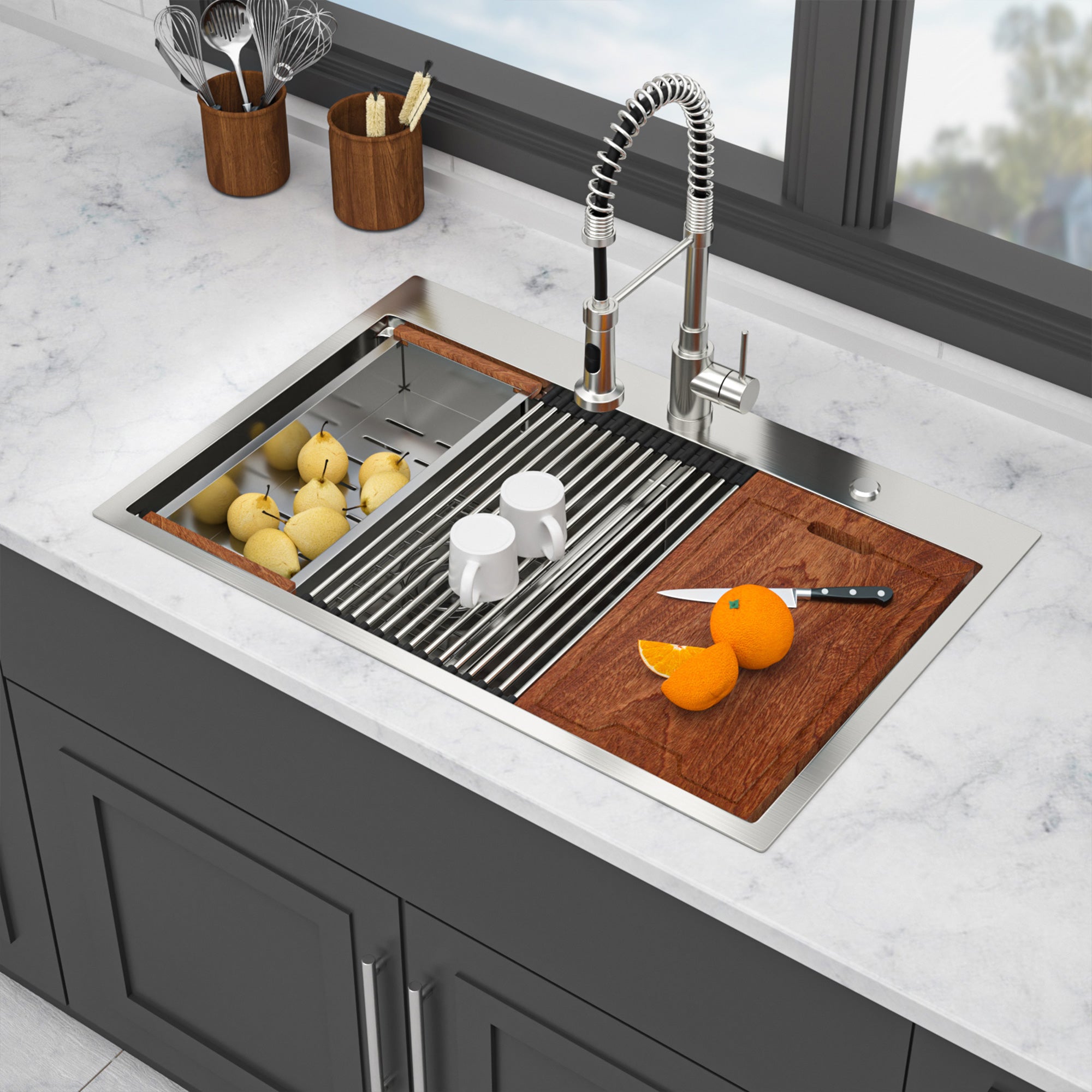 33" Drop-In Double Bowl Kitchen Sink, 16 Gauge Stainless Steel, 50/50