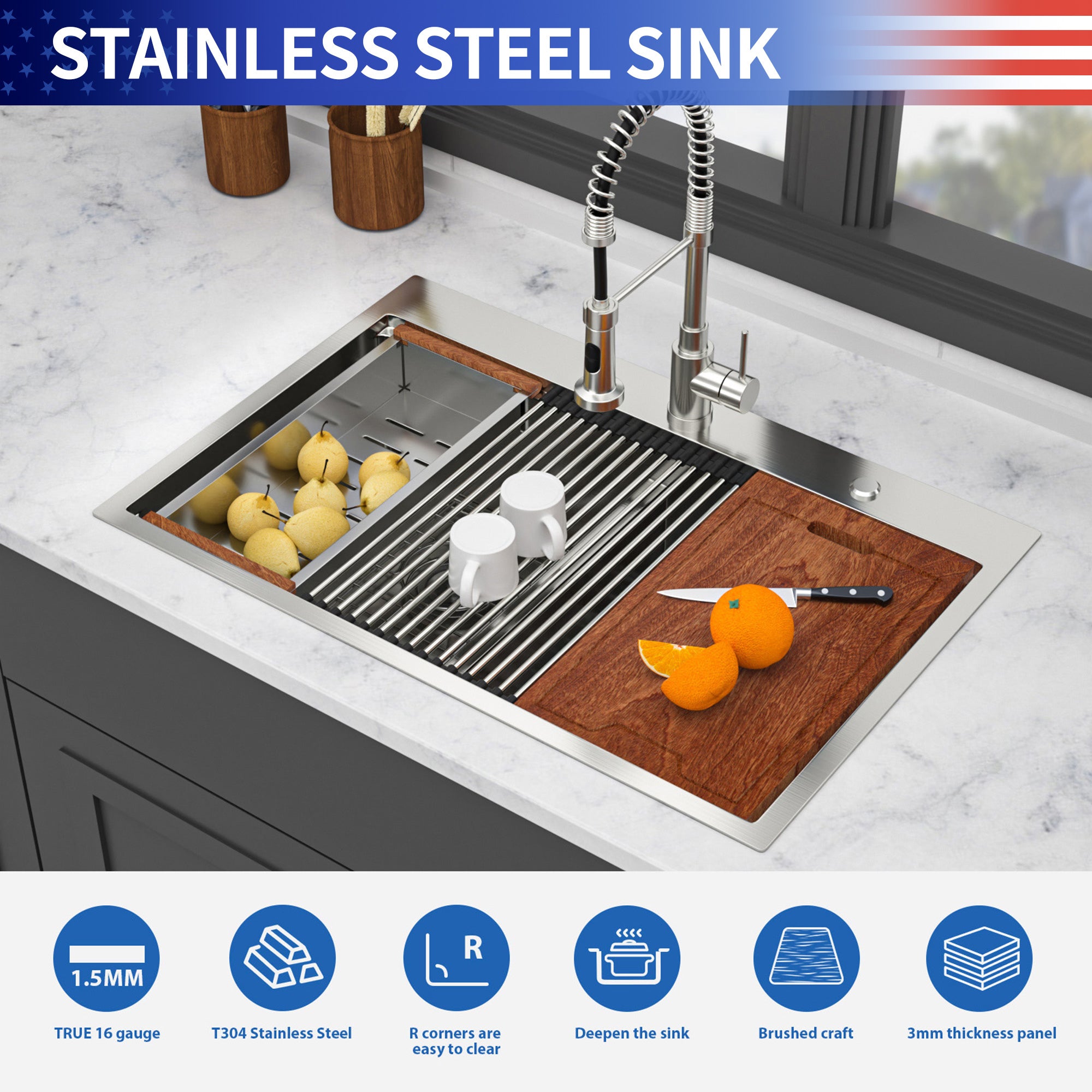 33" Drop-In Double Bowl Kitchen Sink, 16 Gauge Stainless Steel, 50/50