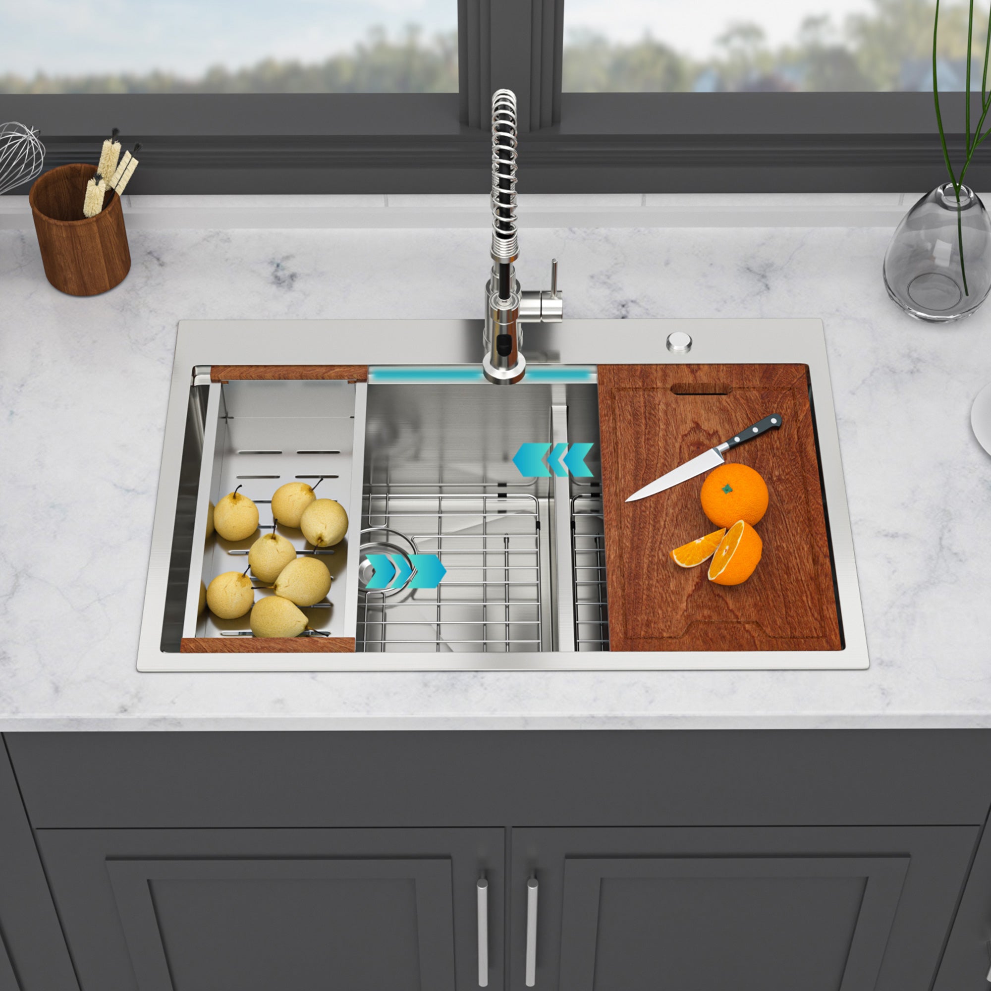 33" Drop-In Double Bowl Kitchen Sink, 16 Gauge Stainless Steel, 50/50