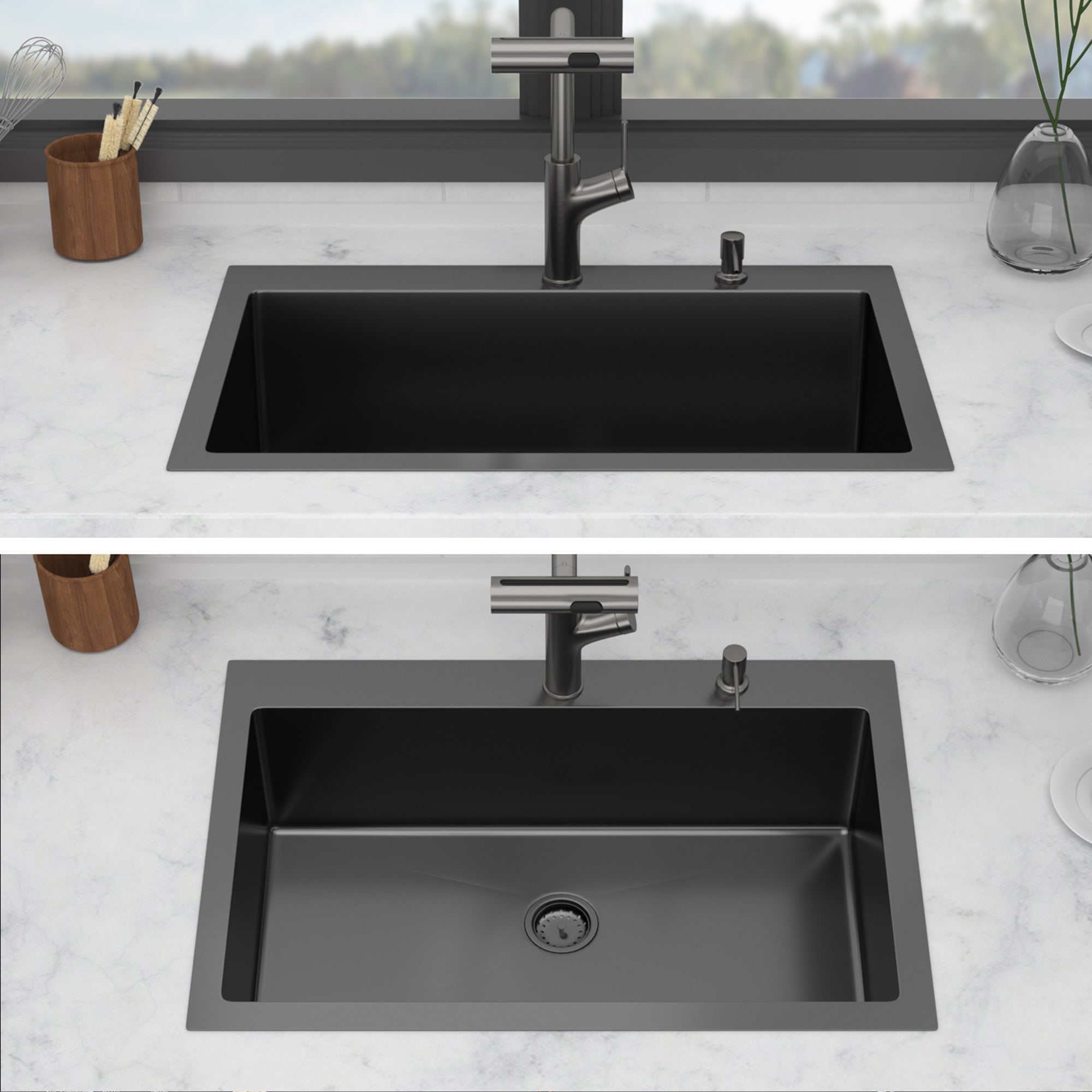 30" Drop-In Gunmetal Black Kitchen Sink with Pull-Out Faucet & Soap Dispenser – 16 Gauge Stainless Steel Topmount Single Bowl Sink
