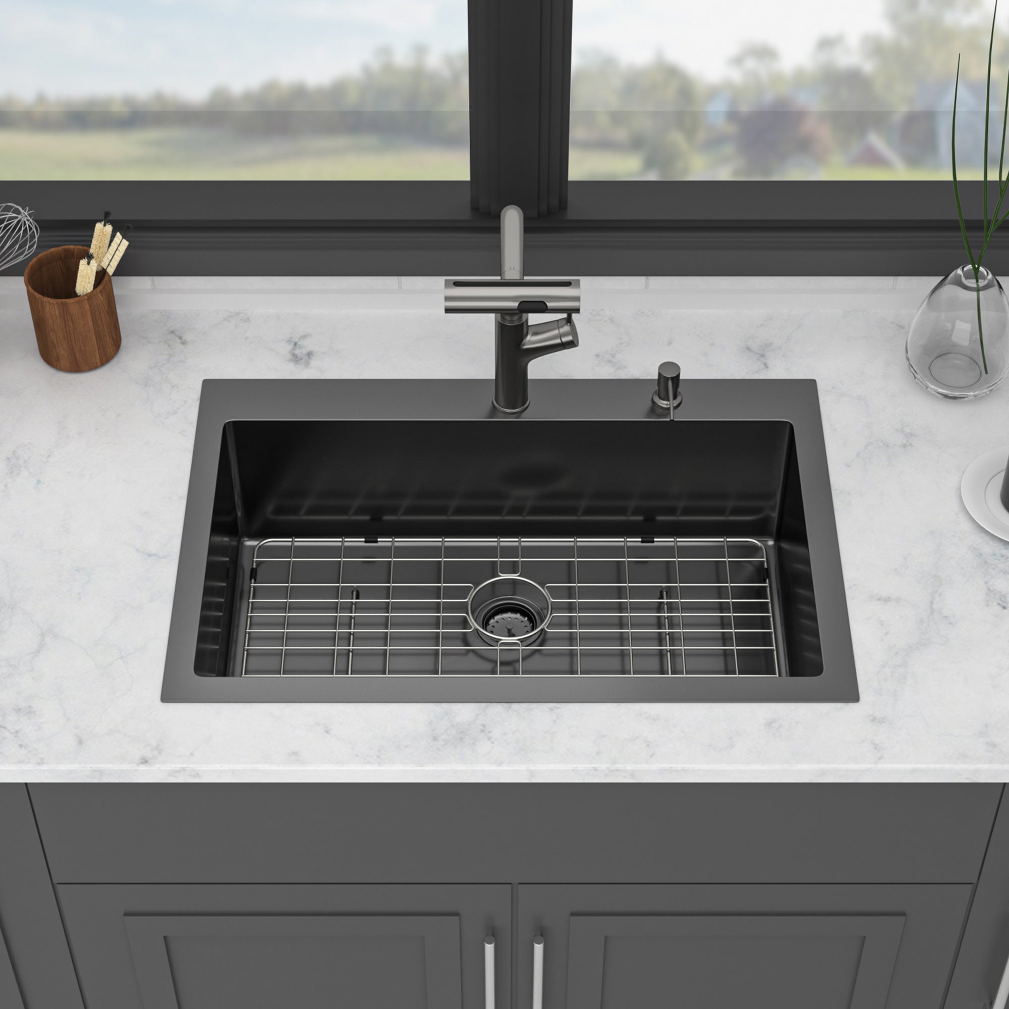30" Drop-In Gunmetal Black Kitchen Sink with Pull-Out Faucet & Soap Dispenser – 16 Gauge Stainless Steel Topmount Single Bowl Sink