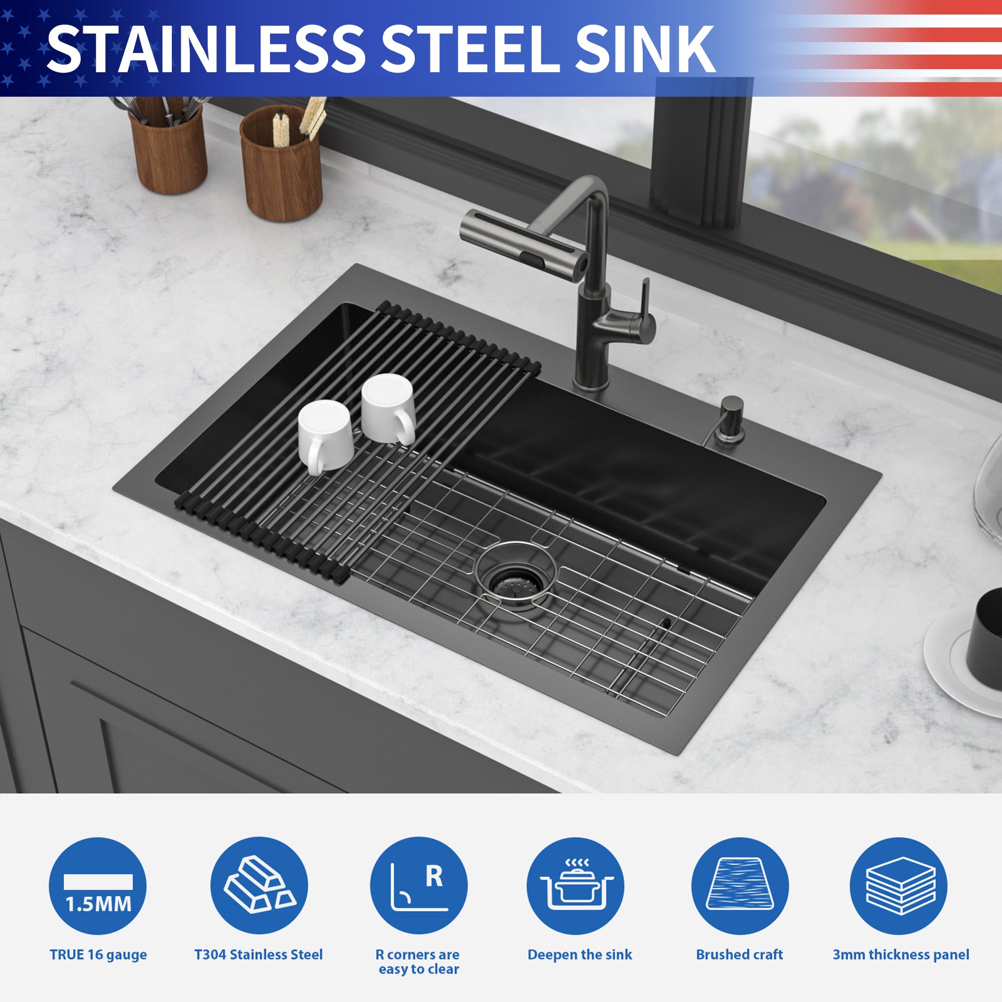 30" Drop-In Gunmetal Black Kitchen Sink with Pull-Out Faucet & Soap Dispenser – 16 Gauge Stainless Steel Topmount Single Bowl Sink
