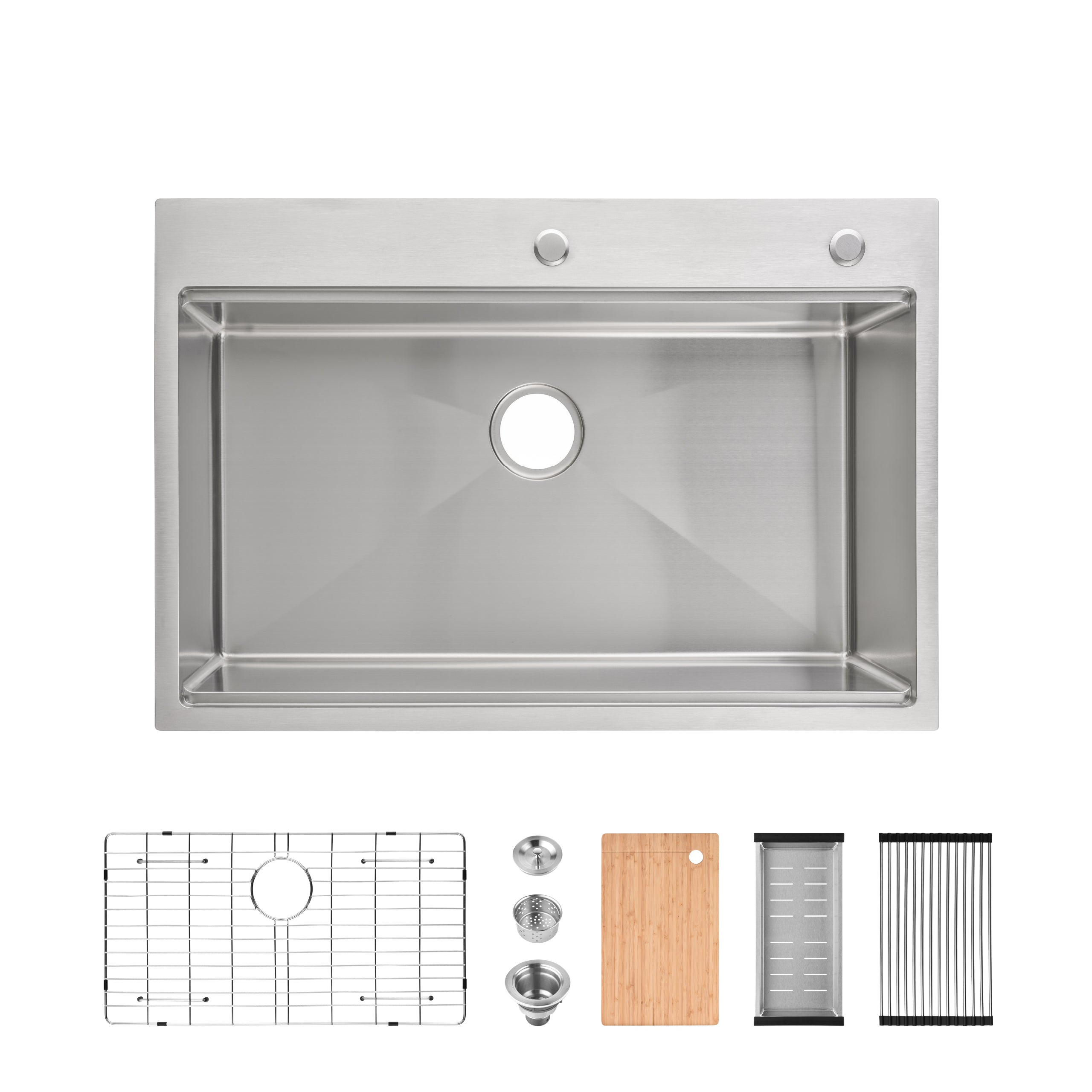 33" Stainless Steel Topmount Kitchen Sink Single Bowl with Accessories – 16 Gauge Brushed Overmount Sink