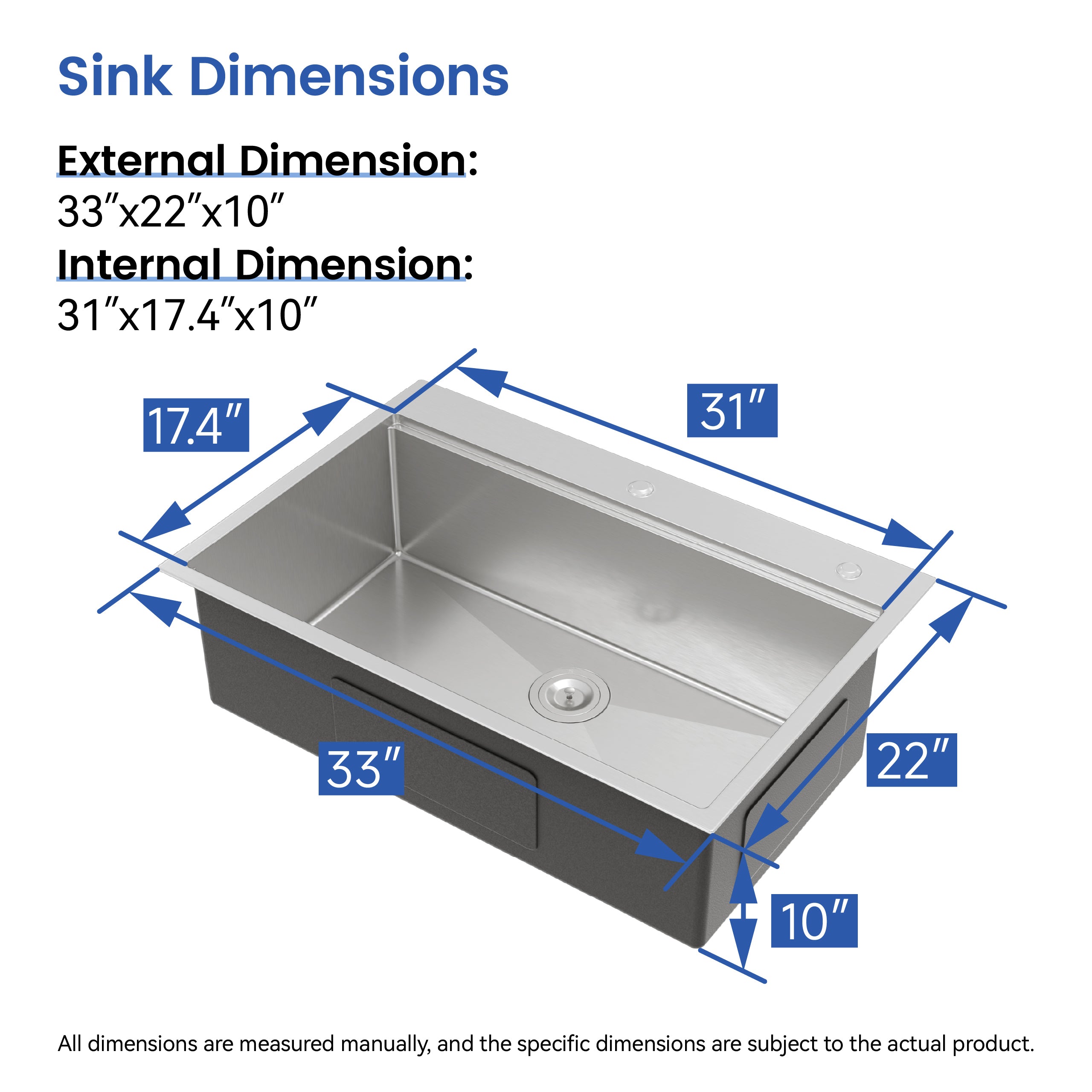 33" Stainless Steel Topmount Kitchen Sink Single Bowl with Accessories – 16 Gauge Brushed Overmount Sink