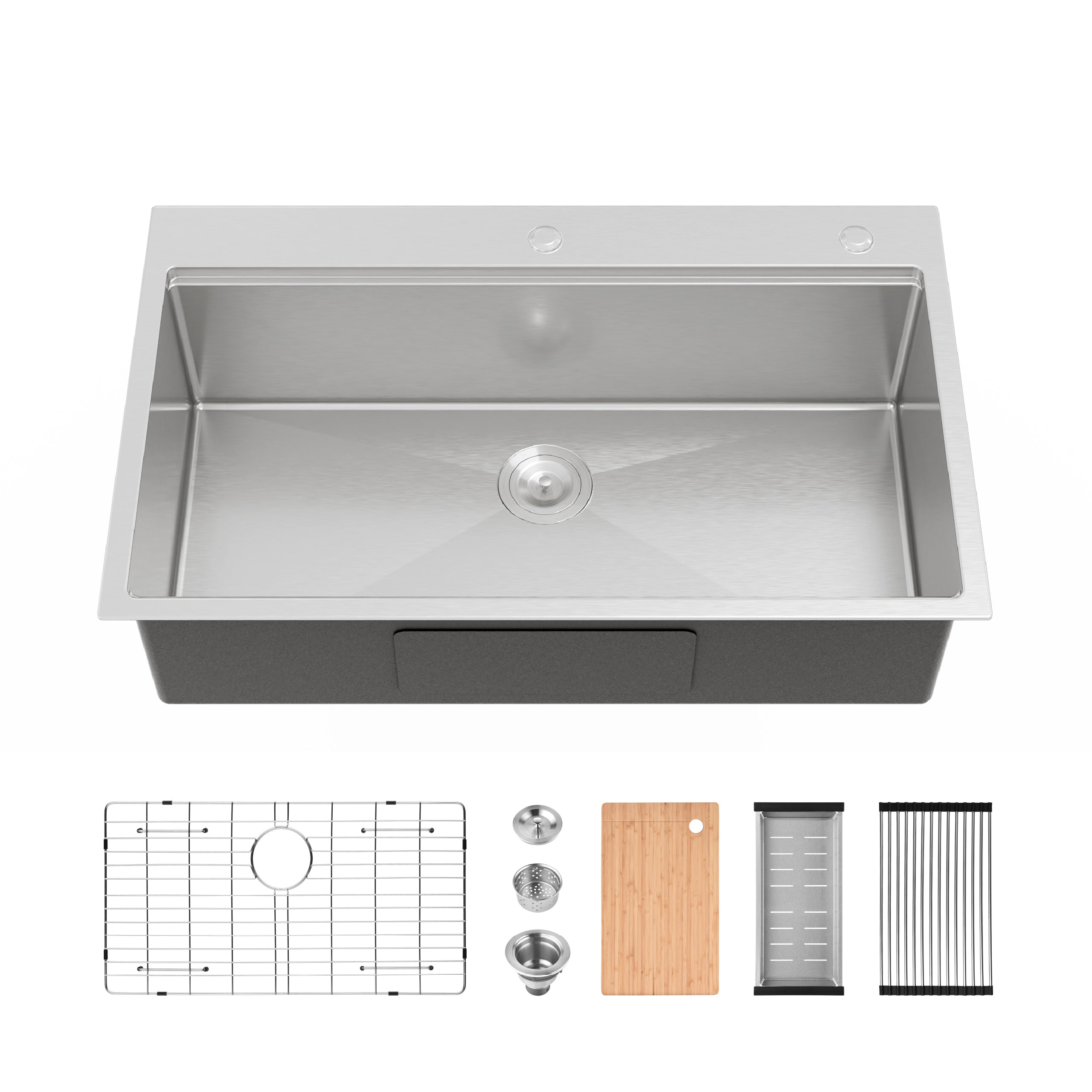 33" Stainless Steel Topmount Kitchen Sink Single Bowl with Accessories – 16 Gauge Brushed Overmount Sink