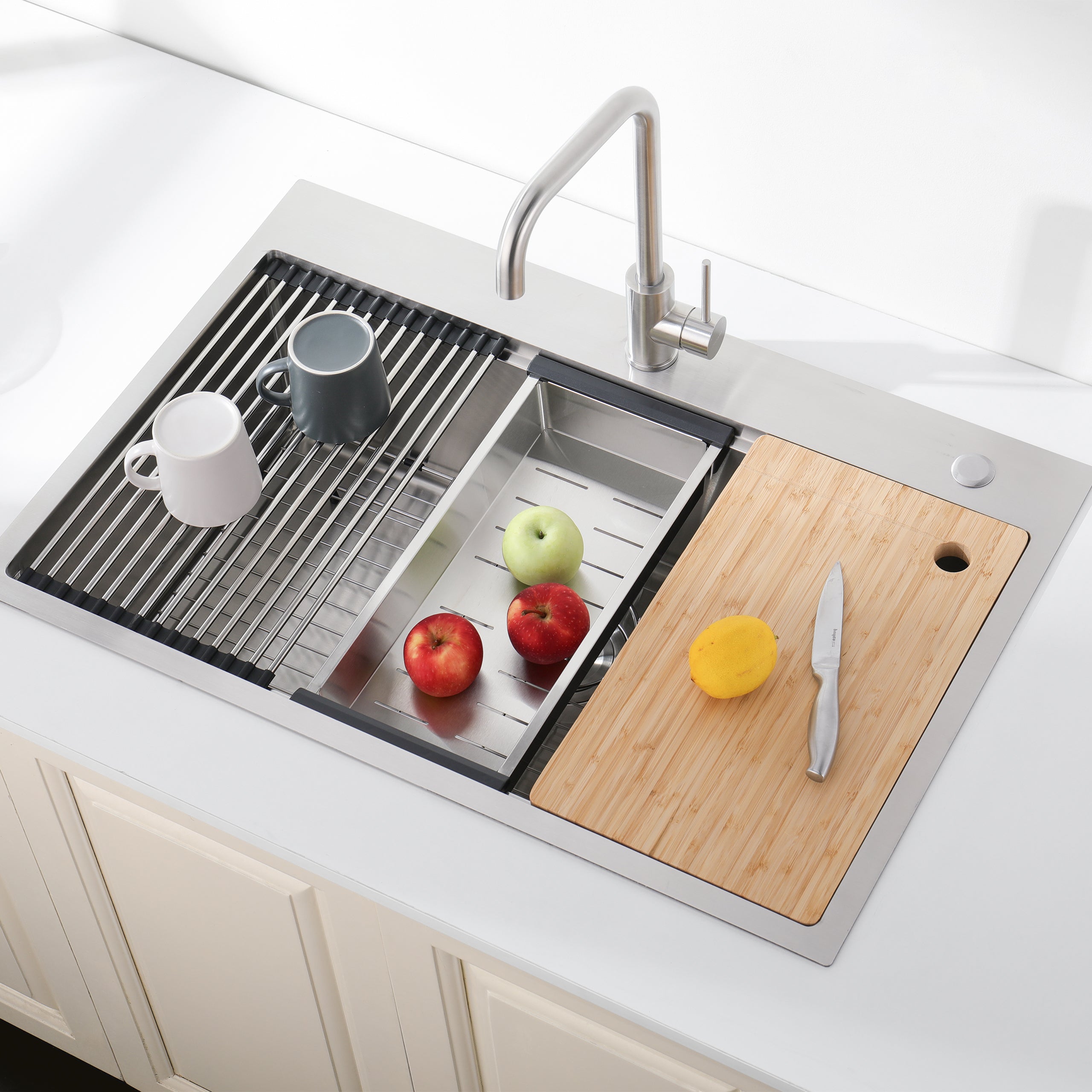 33" Stainless Steel Topmount Kitchen Sink Single Bowl with Accessories – 16 Gauge Brushed Overmount Sink