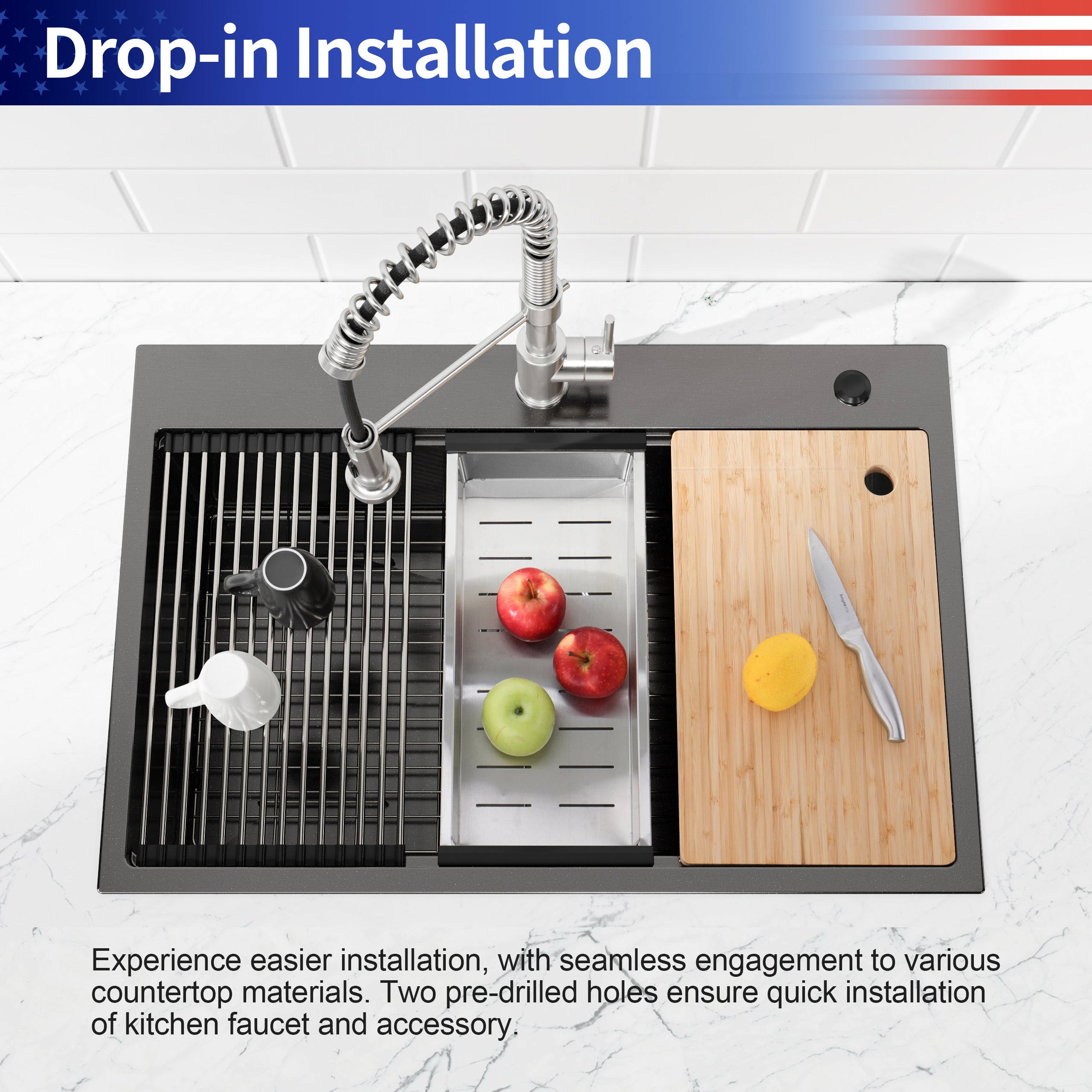 30" x 22" Drop-In Single Bowl Workstation Sink, 16 Gauge Black Stainless Steel