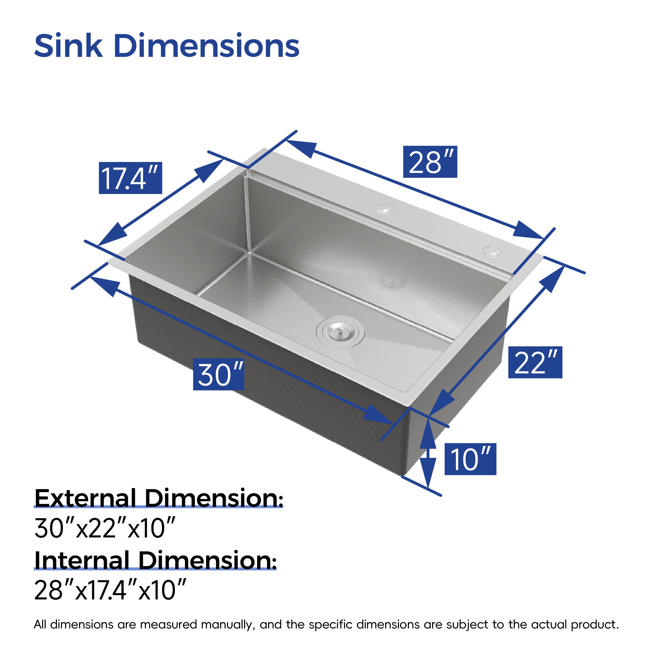 30″ x 22″ Overmount Stainless Steel Kitchen Sink, Single Bowl Workstation Sink in Brushed Finish with Cutting Board & Colander