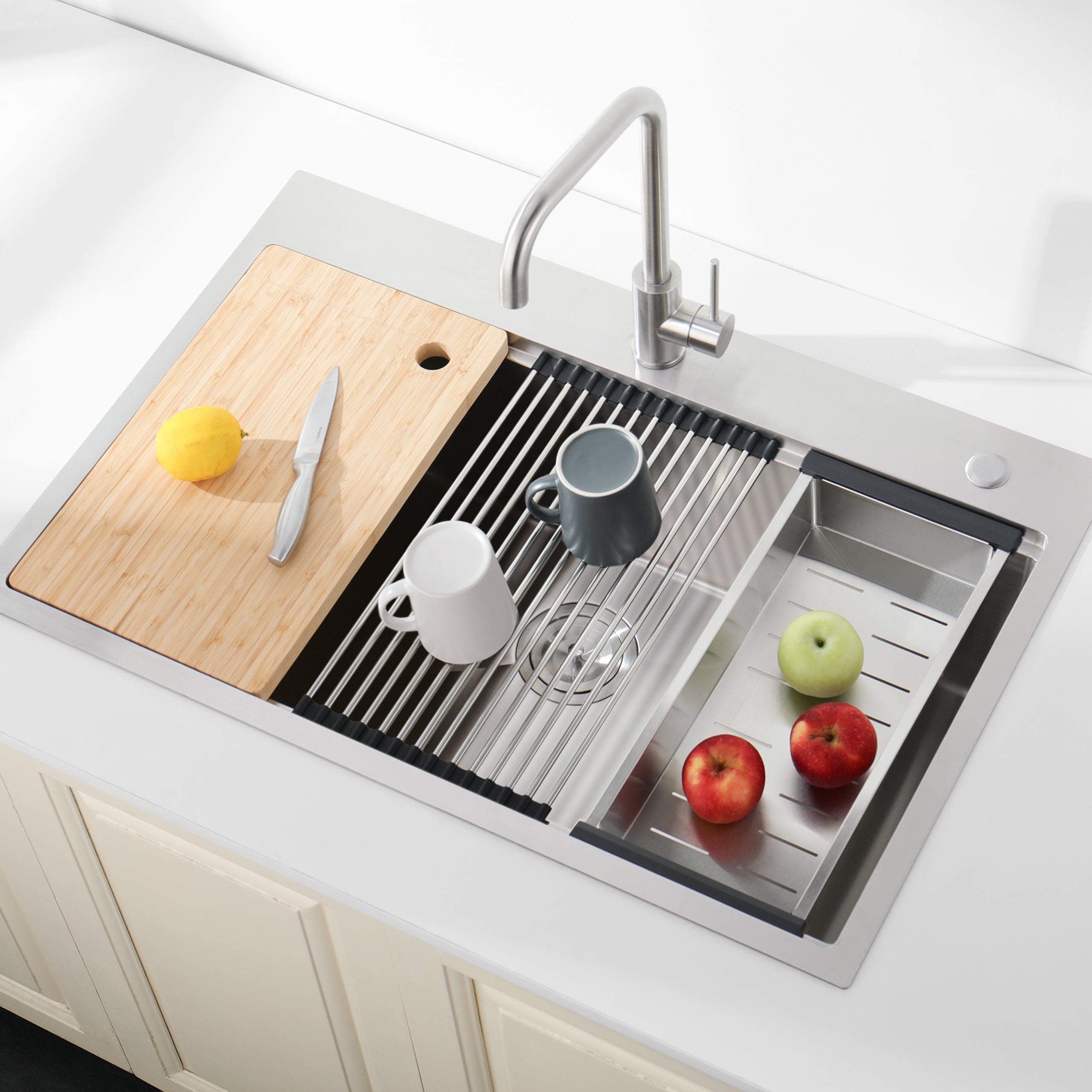 30″ x 22″ Overmount Stainless Steel Kitchen Sink, Single Bowl Workstation Sink in Brushed Finish with Cutting Board & Colander