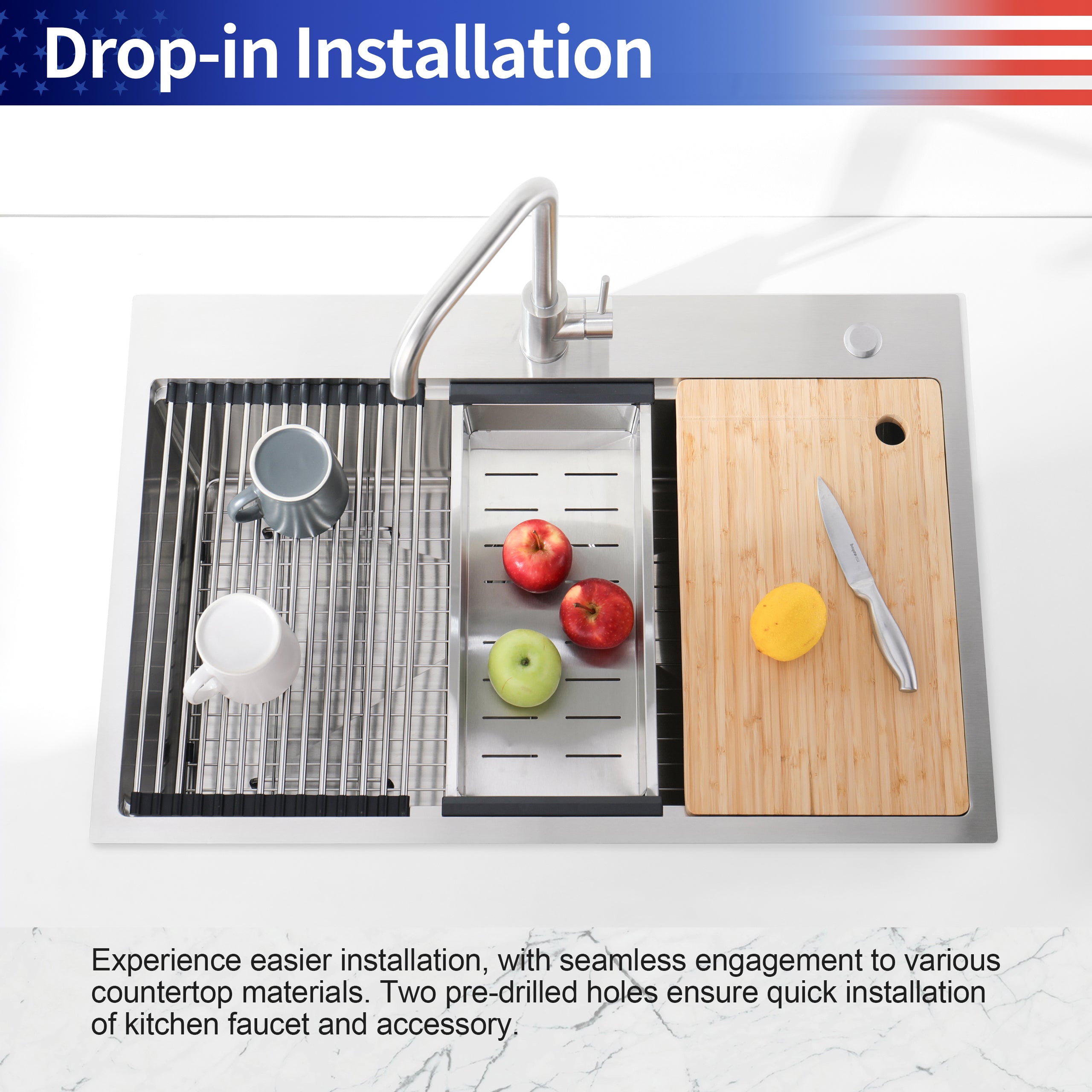 30″ x 22″ Overmount Stainless Steel Kitchen Sink, Single Bowl Workstation Sink in Brushed Finish with Cutting Board & Colander