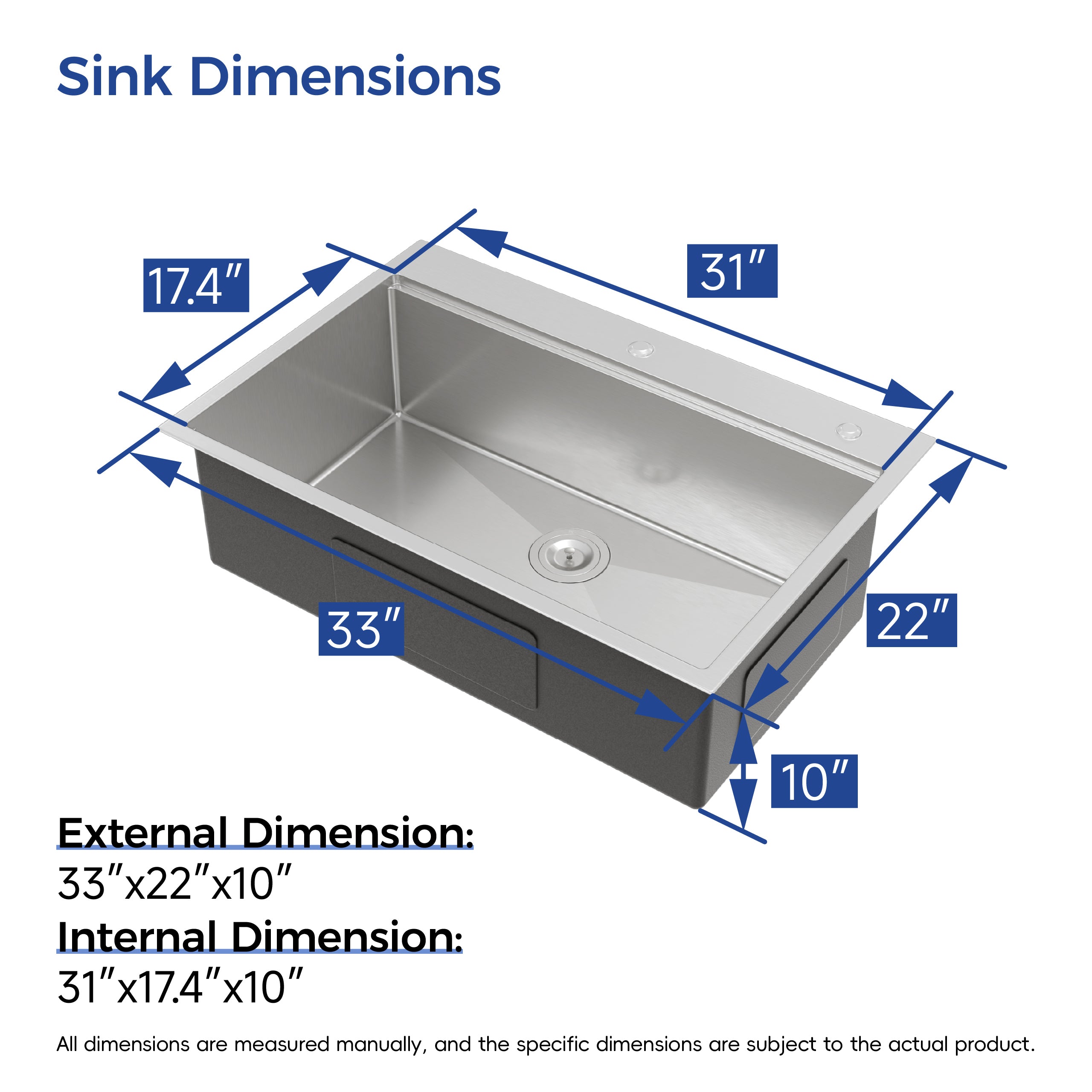 30″ x 22″ Overmount Stainless Steel Kitchen Sink, Single Bowl Workstation Sink in Brushed Finish with Cutting Board & Colander