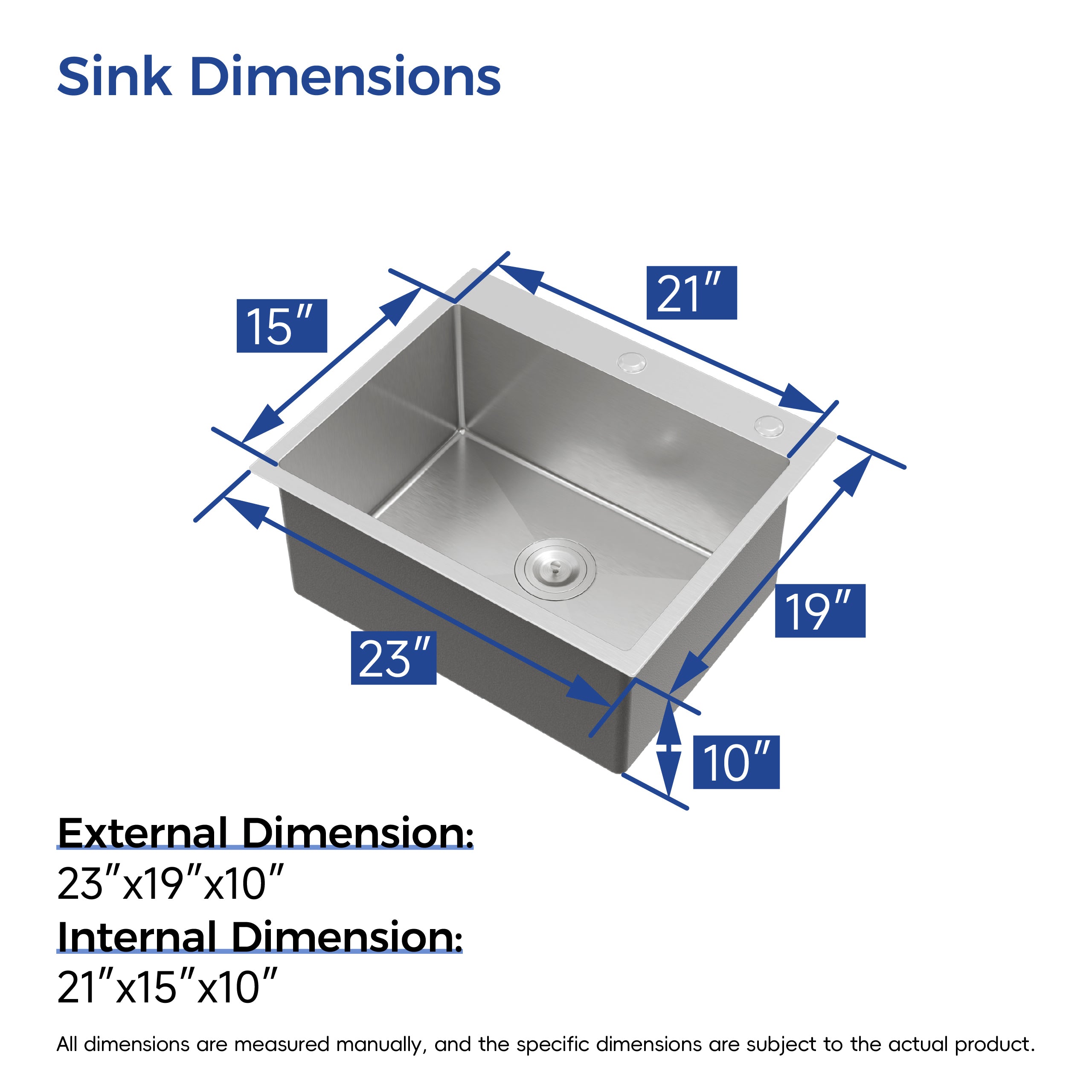 23" x 19" Drop-In Single Bowl Kitchen Sink, 16 Gauge Black Stainless Steel