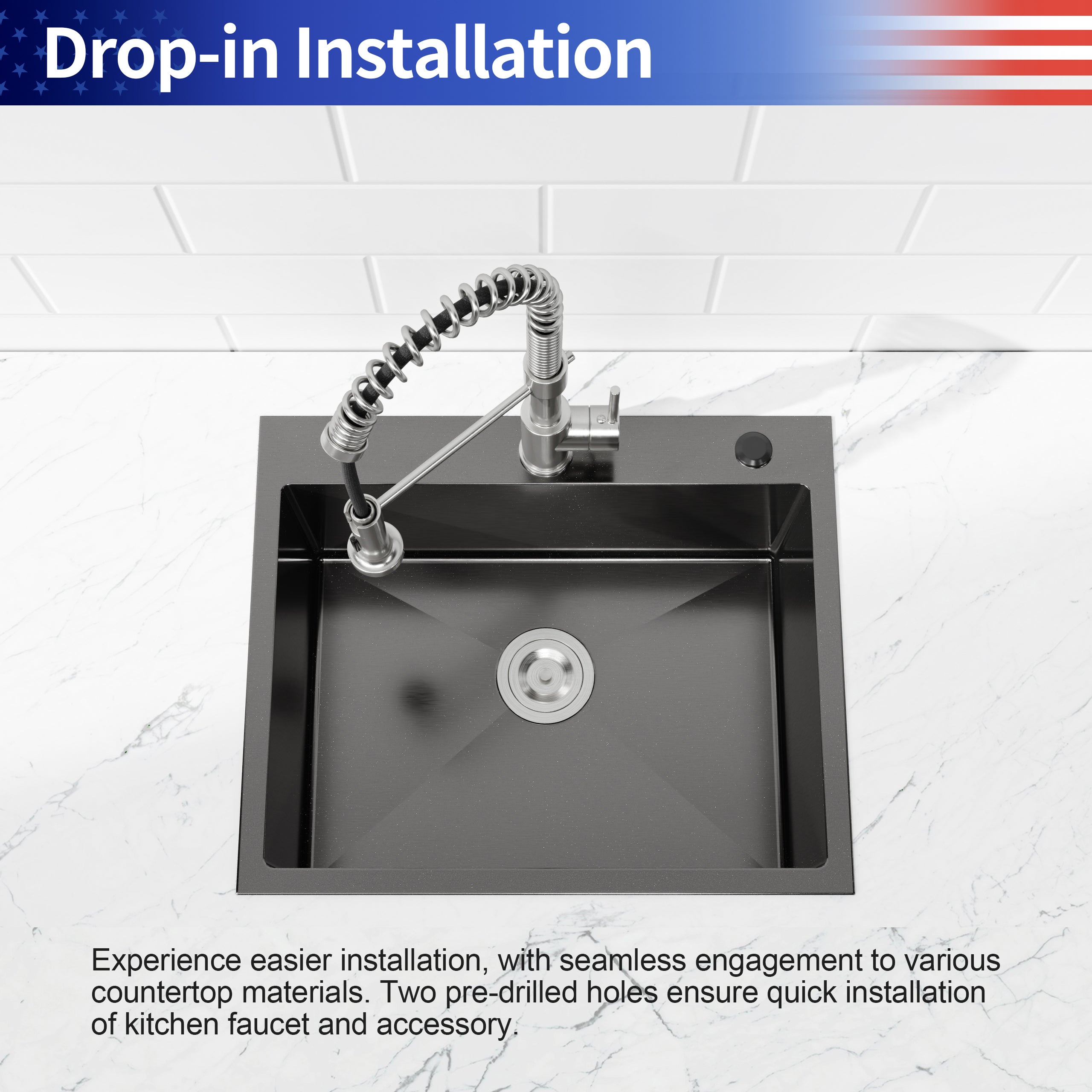 23" x 19" Drop-In Single Bowl Kitchen Sink, 16 Gauge Black Stainless Steel