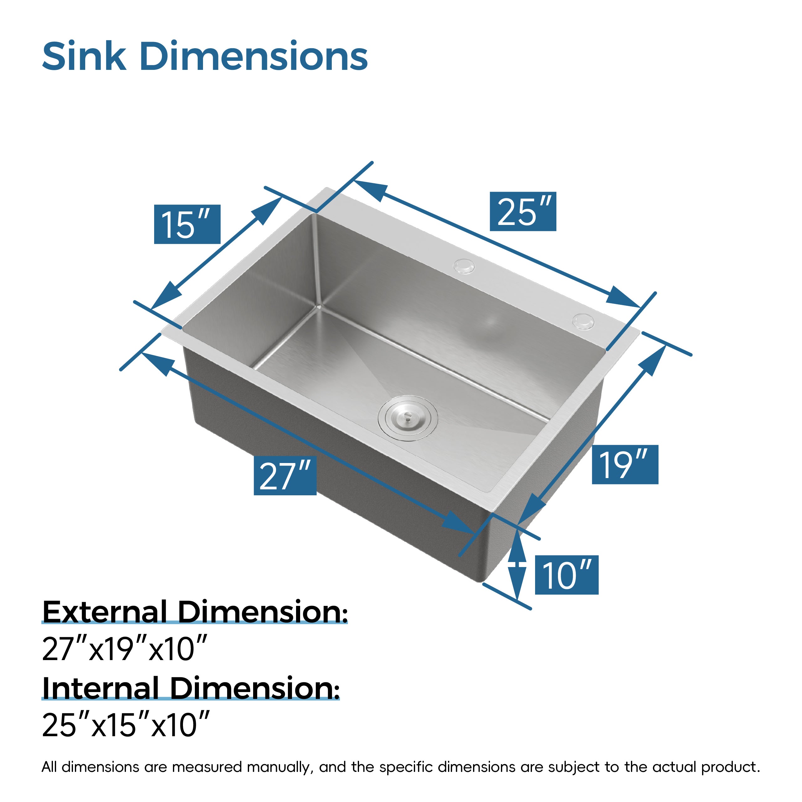 27" x 19" Drop-In Single Bowl Kitchen Sink, 16 Gauge Black Stainless Steel