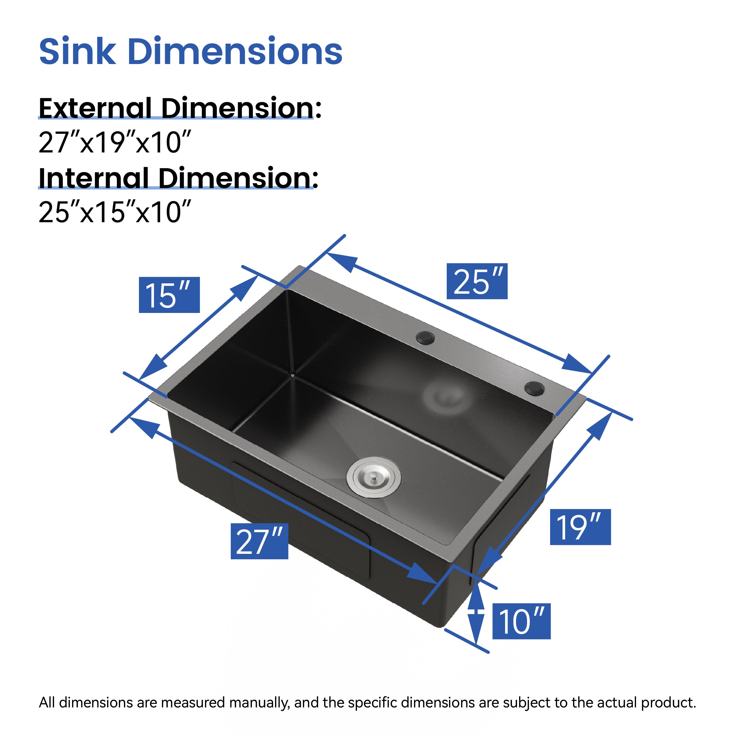 27" x 19" Drop-In Single Bowl Kitchen Sink, 16 Gauge Black Stainless Steel