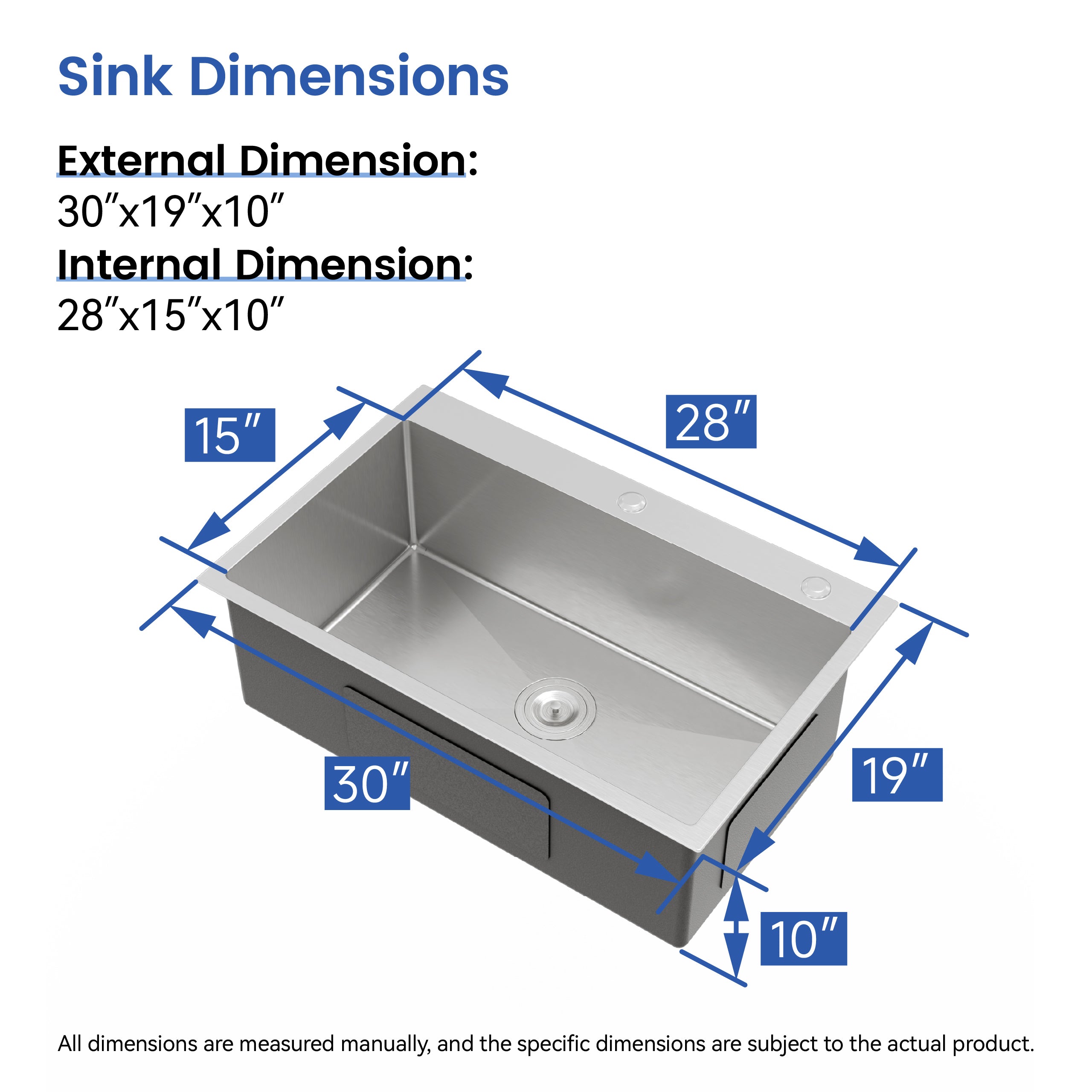 30" x 19" Drop-In Single Bowl Kitchen Sink, 16 Gauge Black Stainless Steel