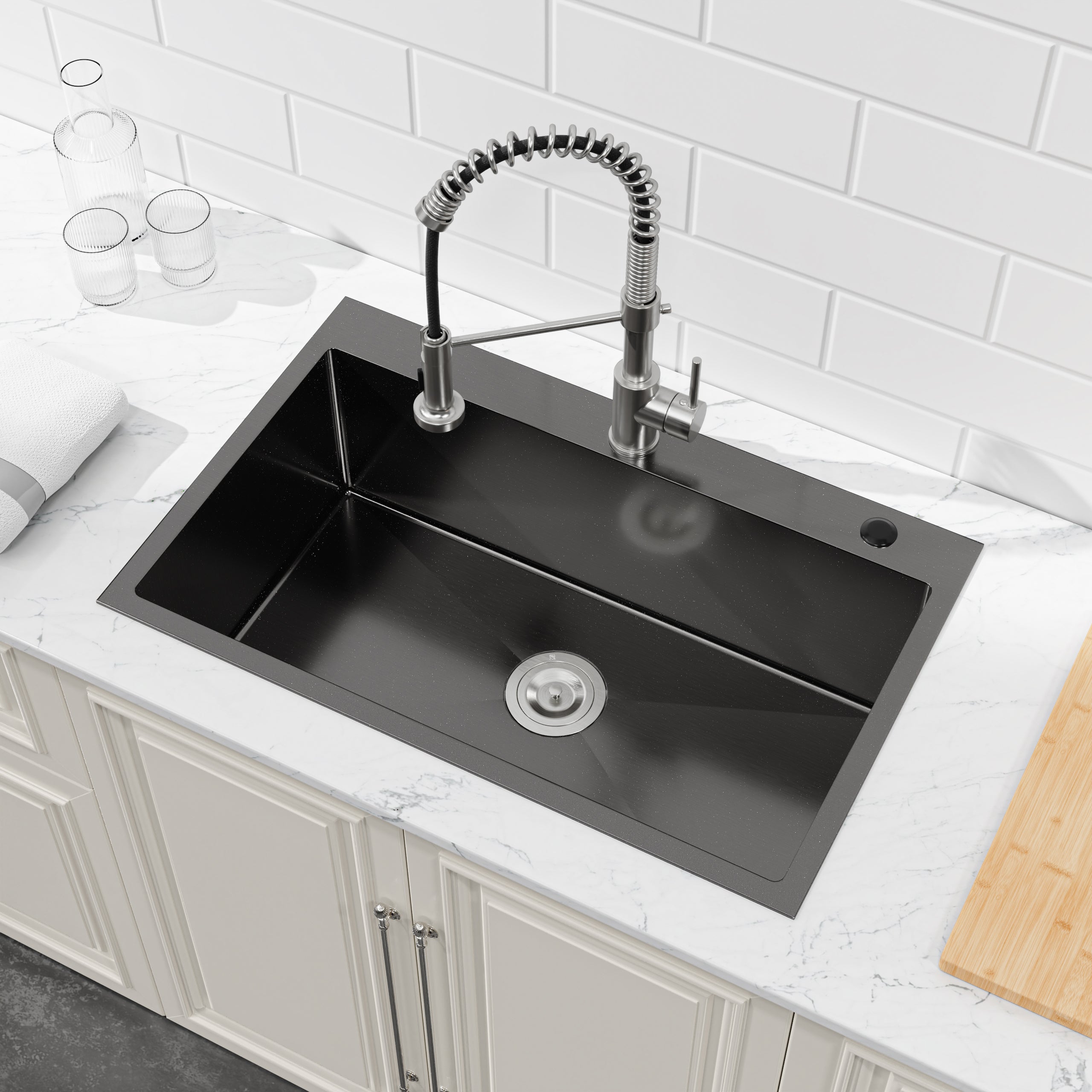 30" x 19" Drop-In Single Bowl Kitchen Sink, 16 Gauge Black Stainless Steel