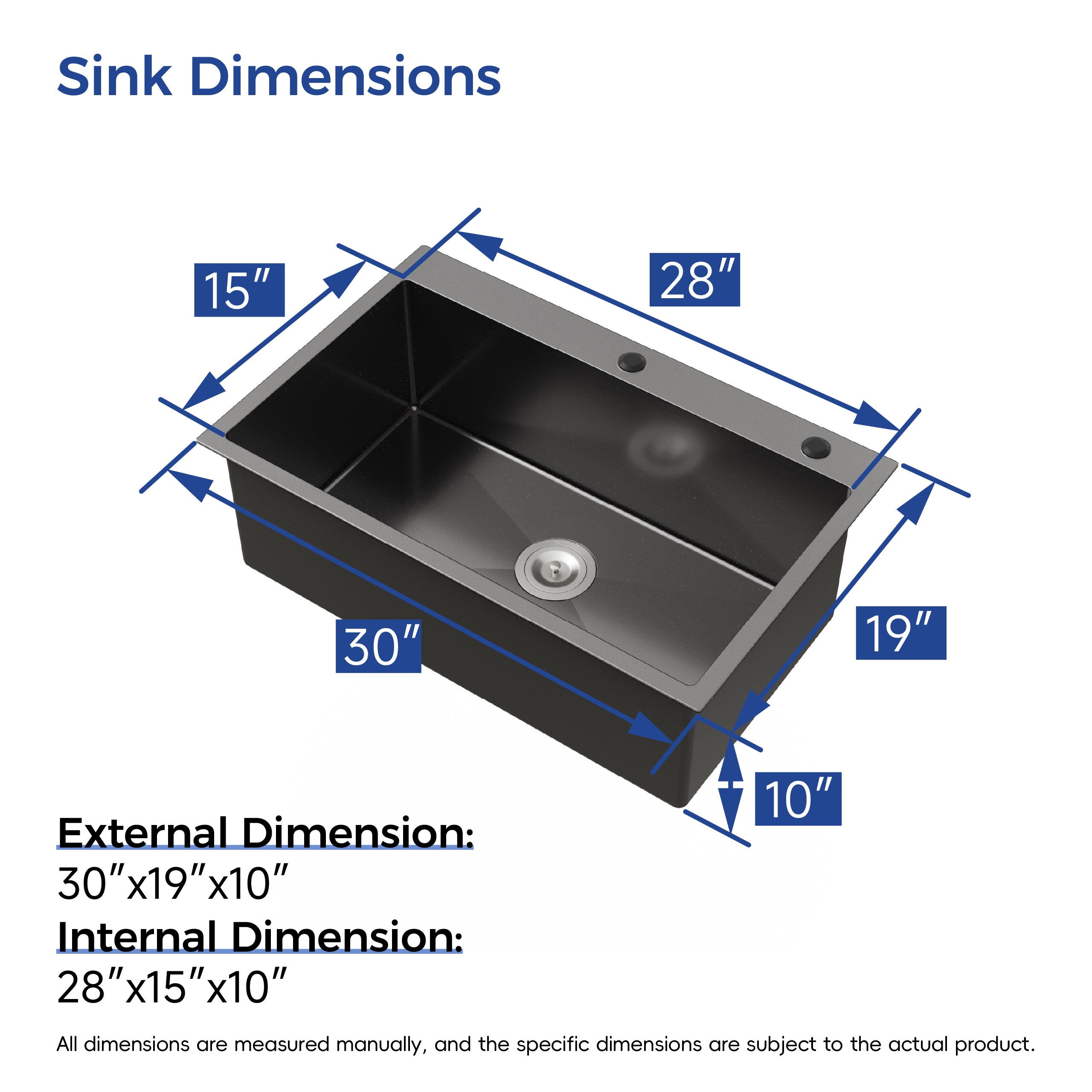 30" x 19" Drop-In Single Bowl Kitchen Sink, 16 Gauge Black Stainless Steel