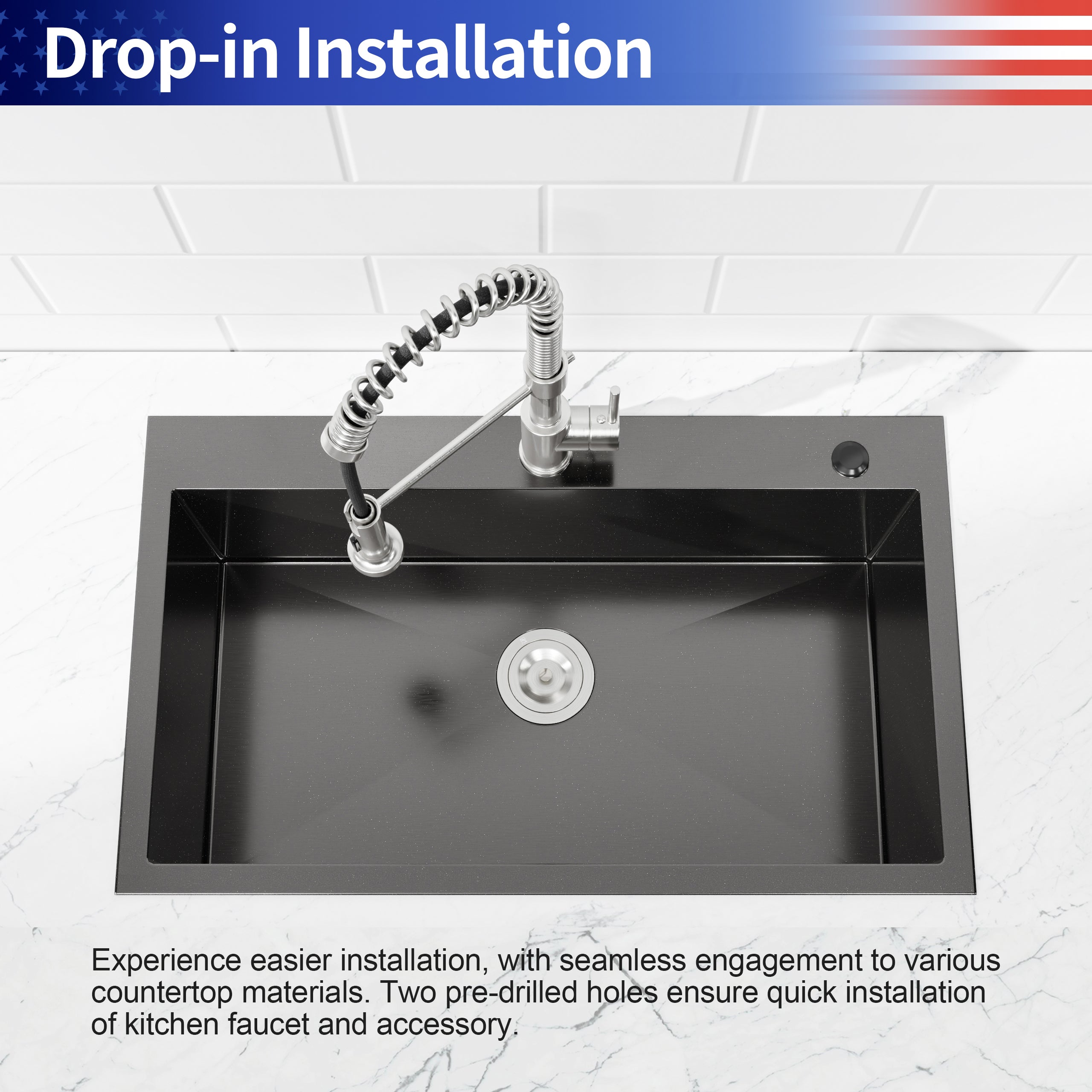 30" x 19" Drop-In Single Bowl Kitchen Sink, 16 Gauge Black Stainless Steel
