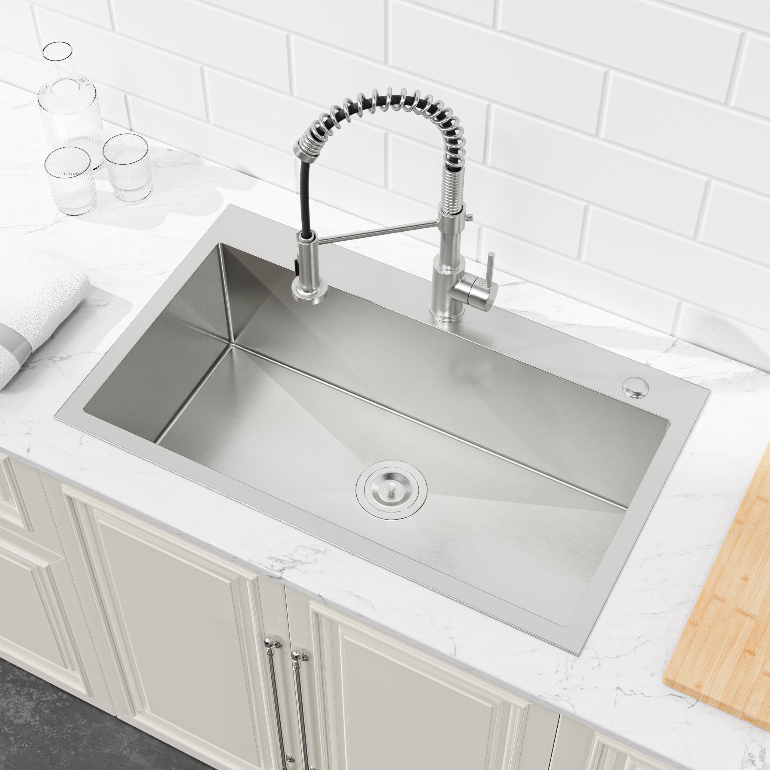 32" x 19" Drop-In Single Bowl Kitchen Sink, 16 Gauge Black Stainless Steel