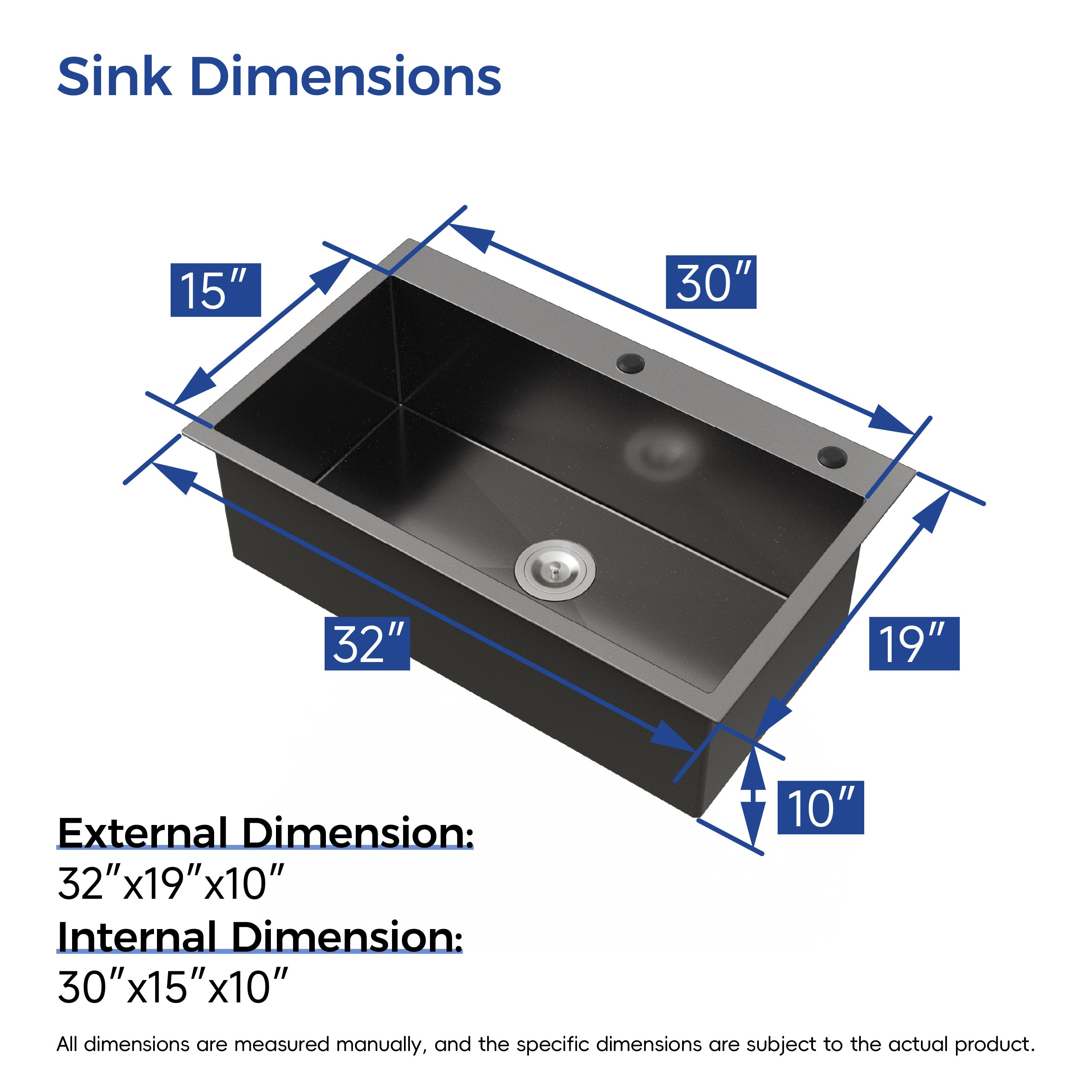 32" x 19" Drop-In Single Bowl Kitchen Sink, 16 Gauge Black Stainless Steel