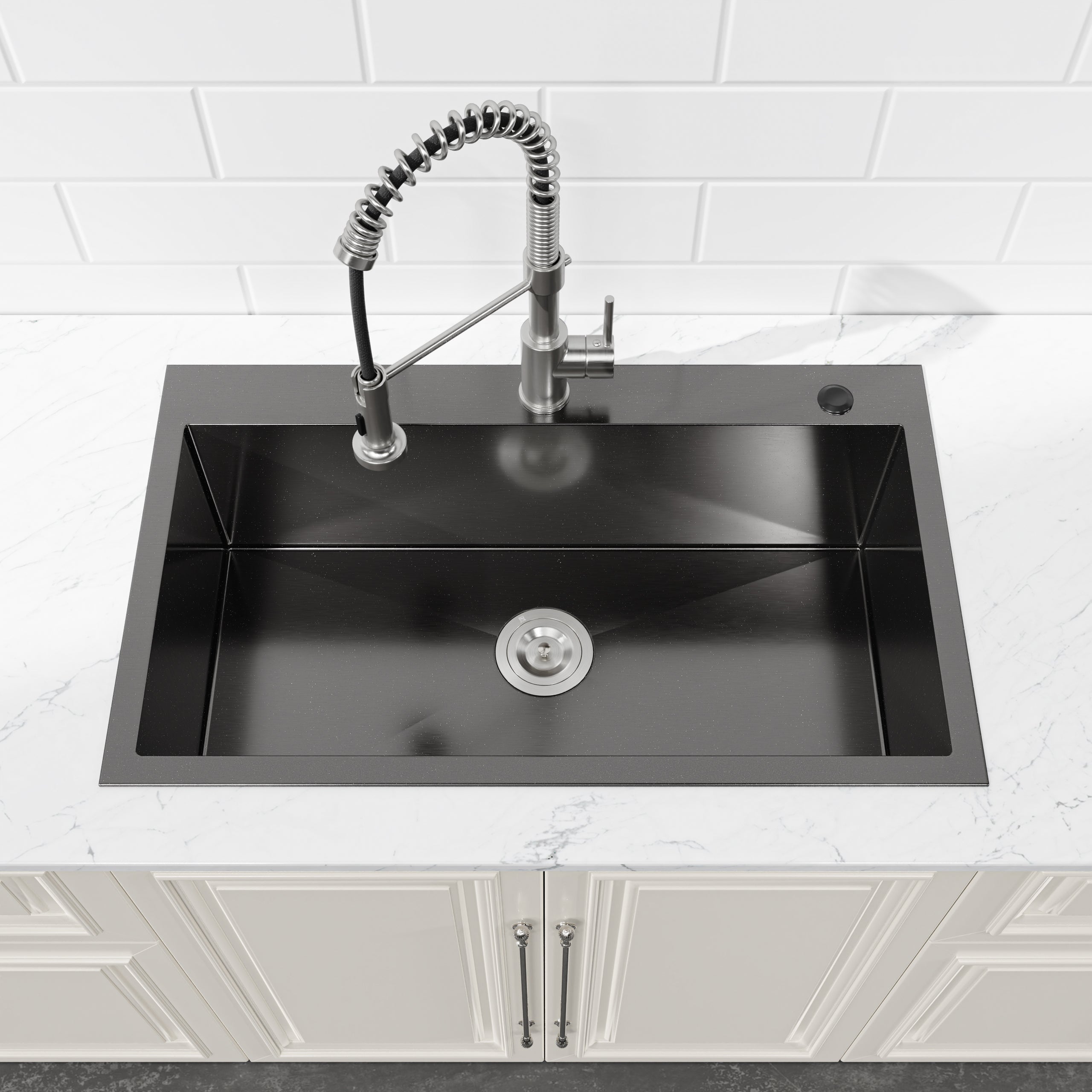 32" x 19" Drop-In Single Bowl Kitchen Sink, 16 Gauge Black Stainless Steel