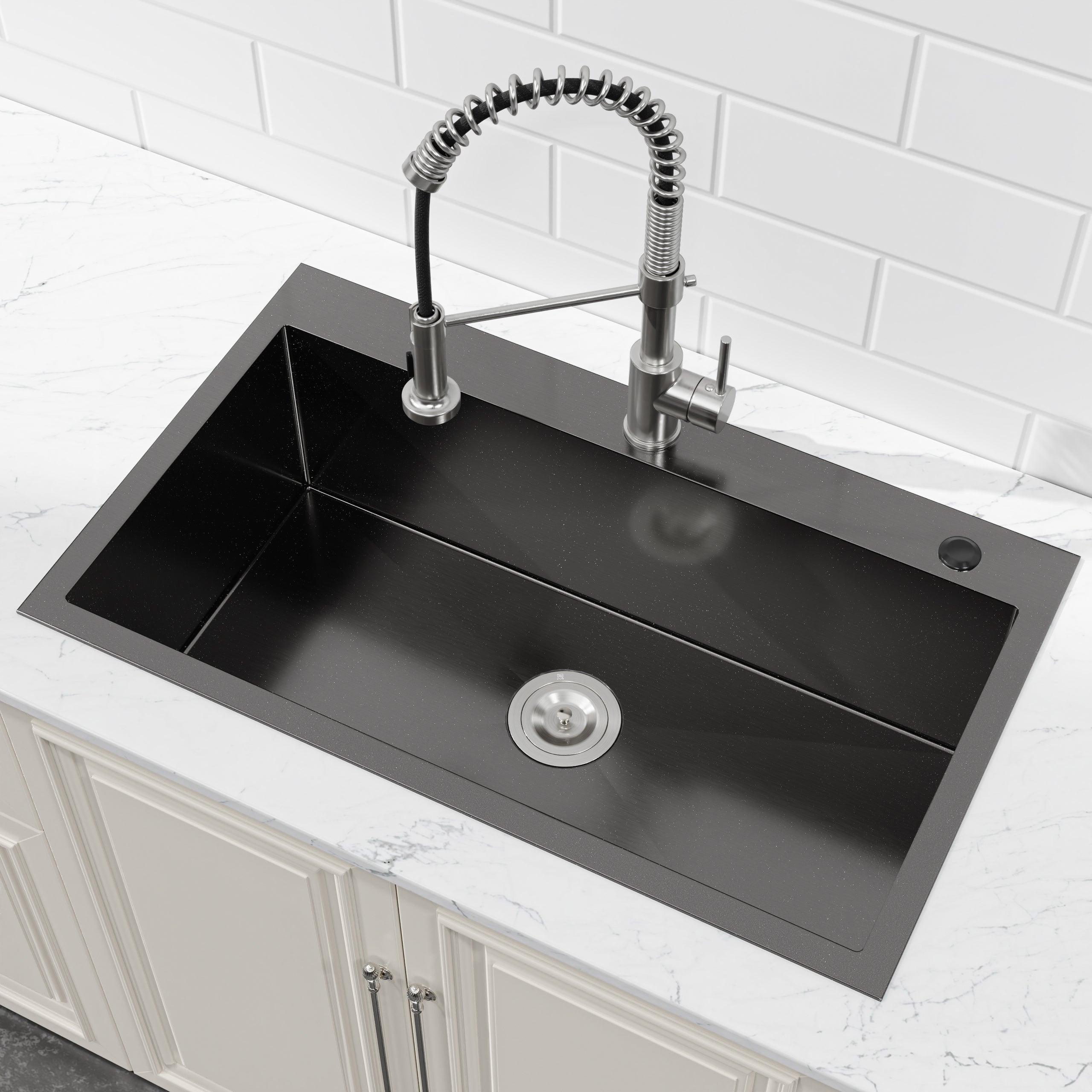 32" x 19" Drop-In Single Bowl Kitchen Sink, 16 Gauge Black Stainless Steel