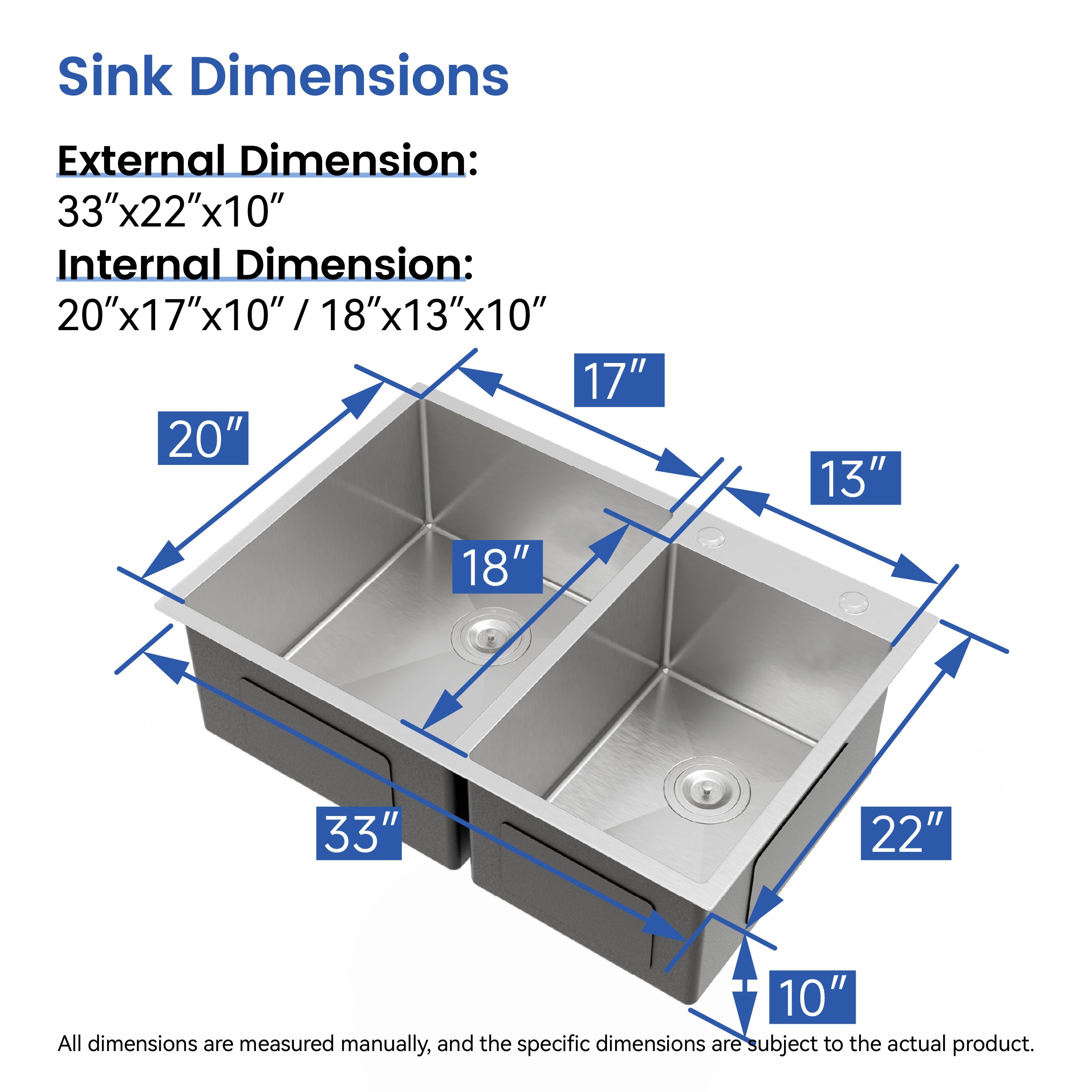 33 x 22 Double Bowl Stainless Steel Kitchen Sink, Overmount Handmade Sink in Brushed Nickel, 16 Gauge with Drain & Hooks,RX-SS65