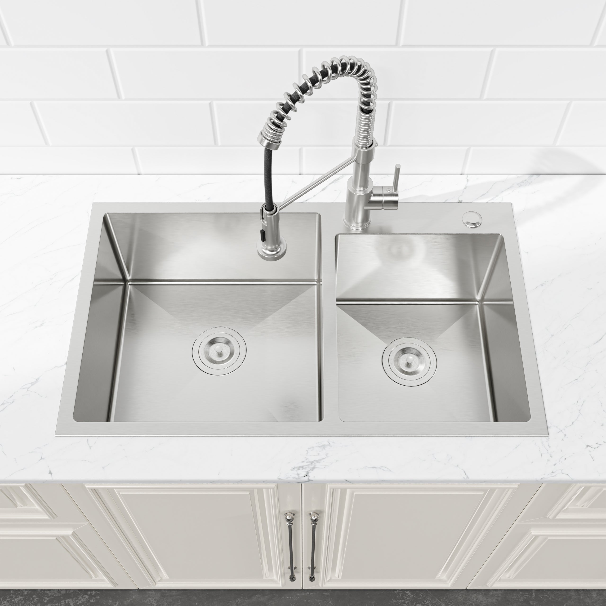 33 x 22 Double Bowl Stainless Steel Kitchen Sink, Overmount Handmade Sink in Brushed Nickel, 16 Gauge with Drain & Hooks,RX-SS65