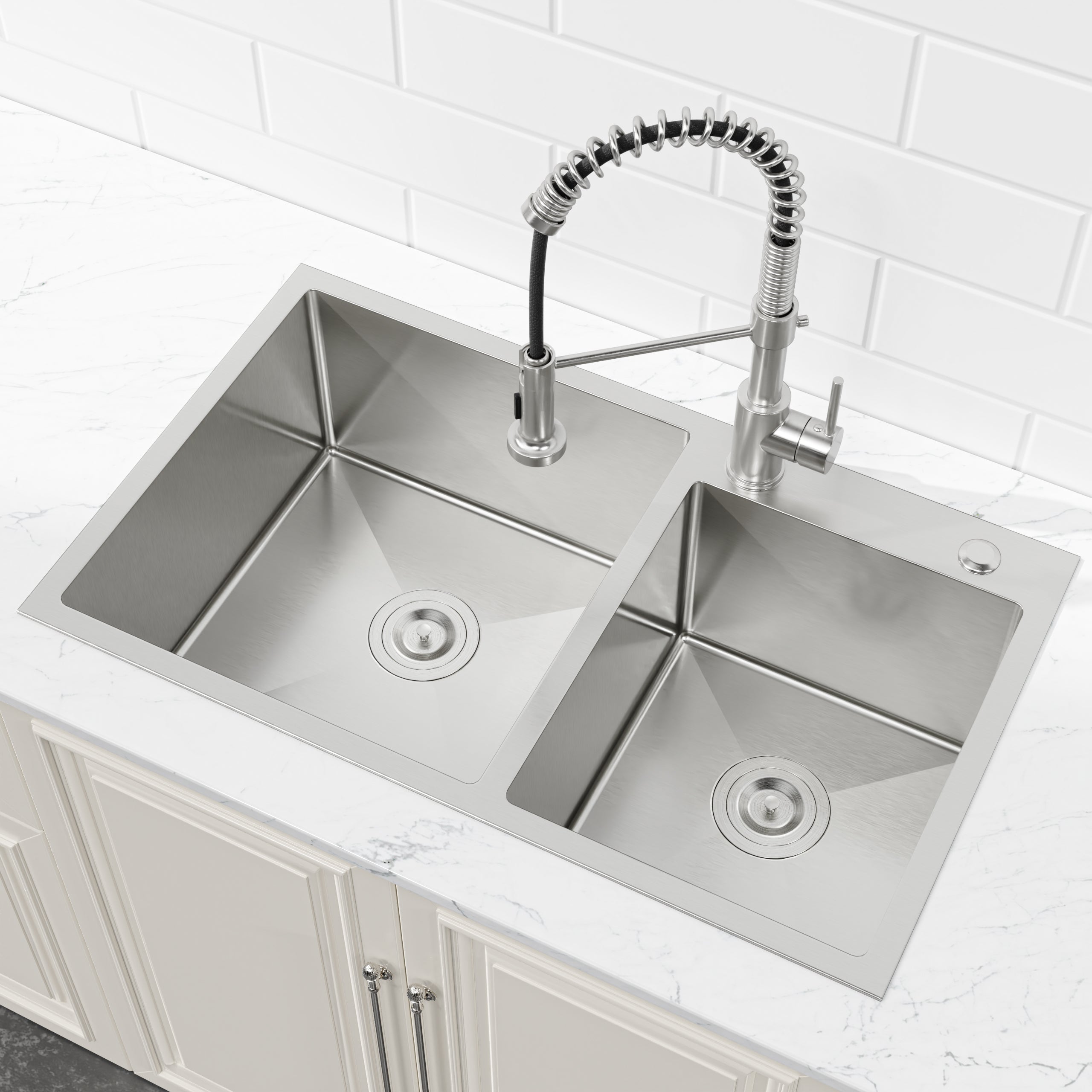 33 x 22 Double Bowl Stainless Steel Kitchen Sink, Overmount Handmade Sink in Brushed Nickel, 16 Gauge with Drain & Hooks,RX-SS65