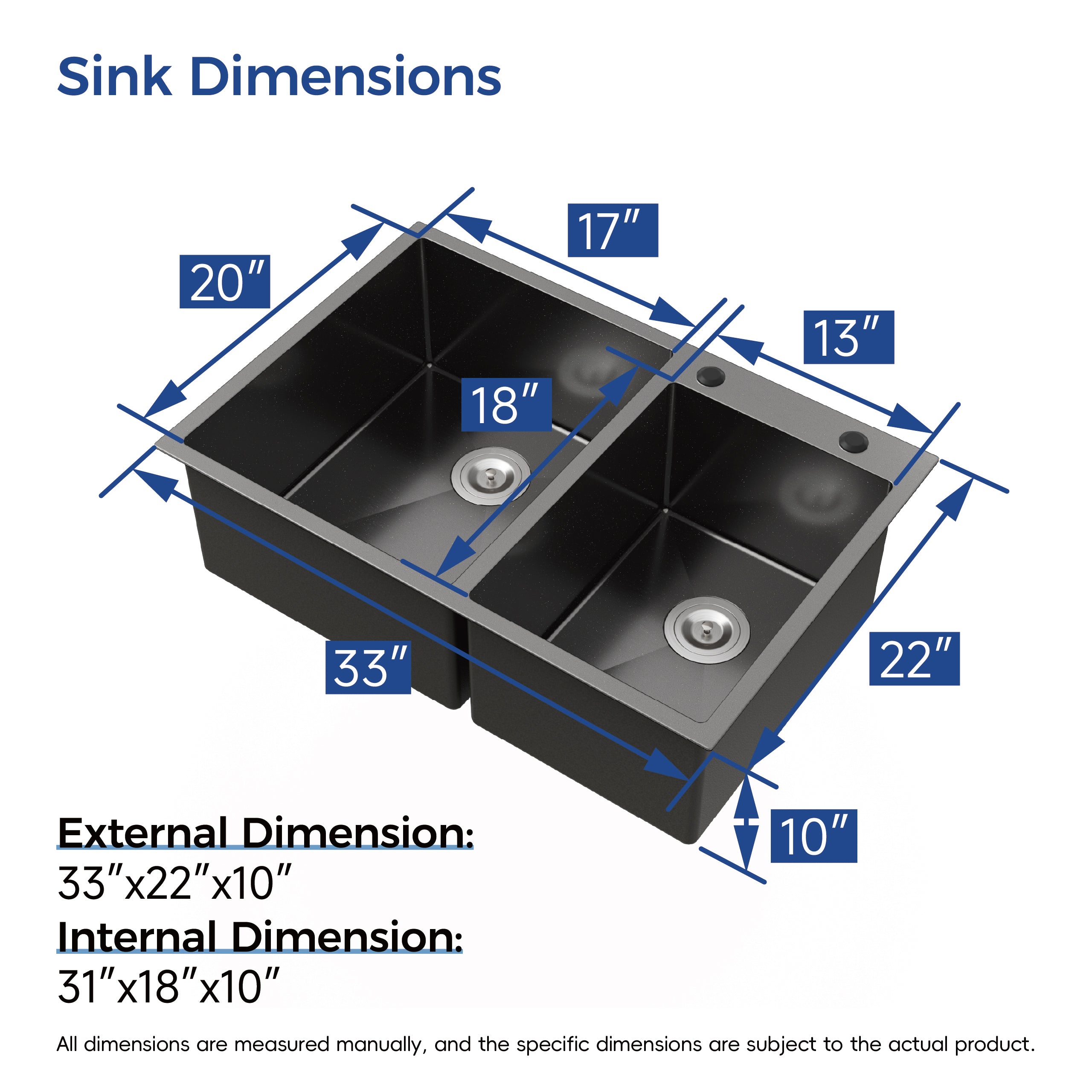 33 x 22 Double Bowl Stainless Steel Kitchen Sink, Overmount Handmade Sink in Brushed Nickel, 16 Gauge with Drain & Hooks,RX-SS65