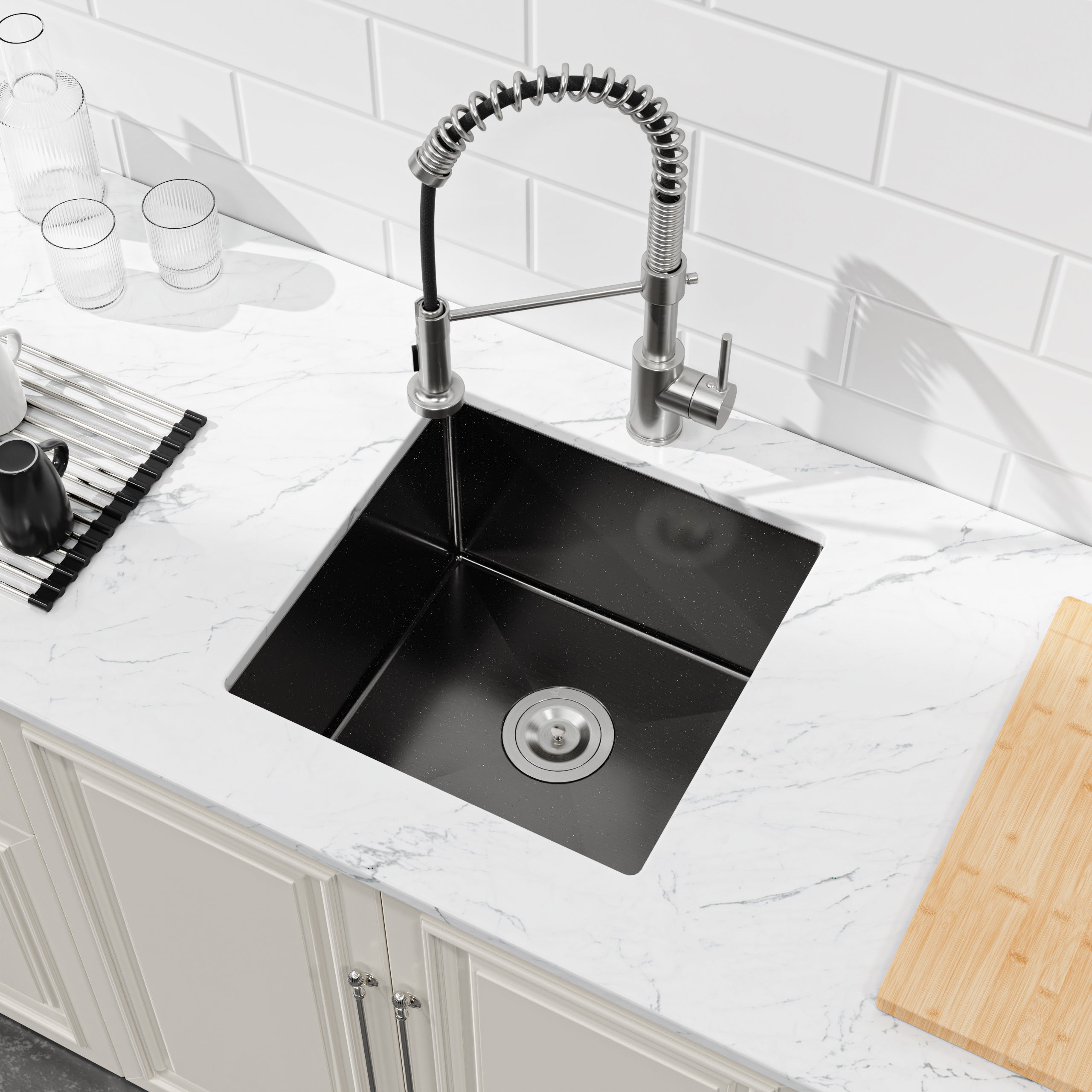 18" x 18" Undermount Single Bowl Kitchen Sink, 16 Gauge Black Stainless Steel