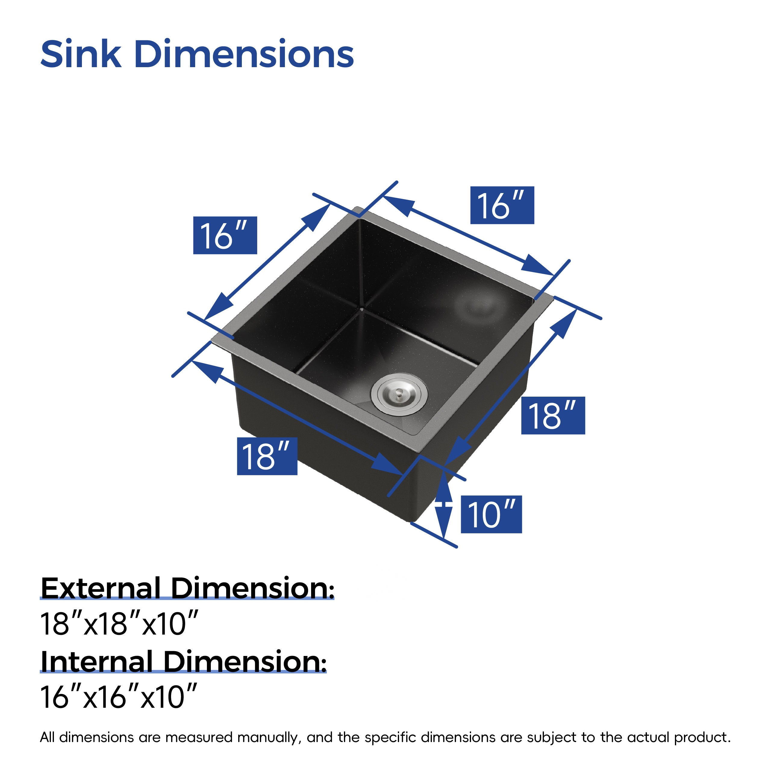 18" x 18" Undermount Single Bowl Kitchen Sink, 16 Gauge Black Stainless Steel
