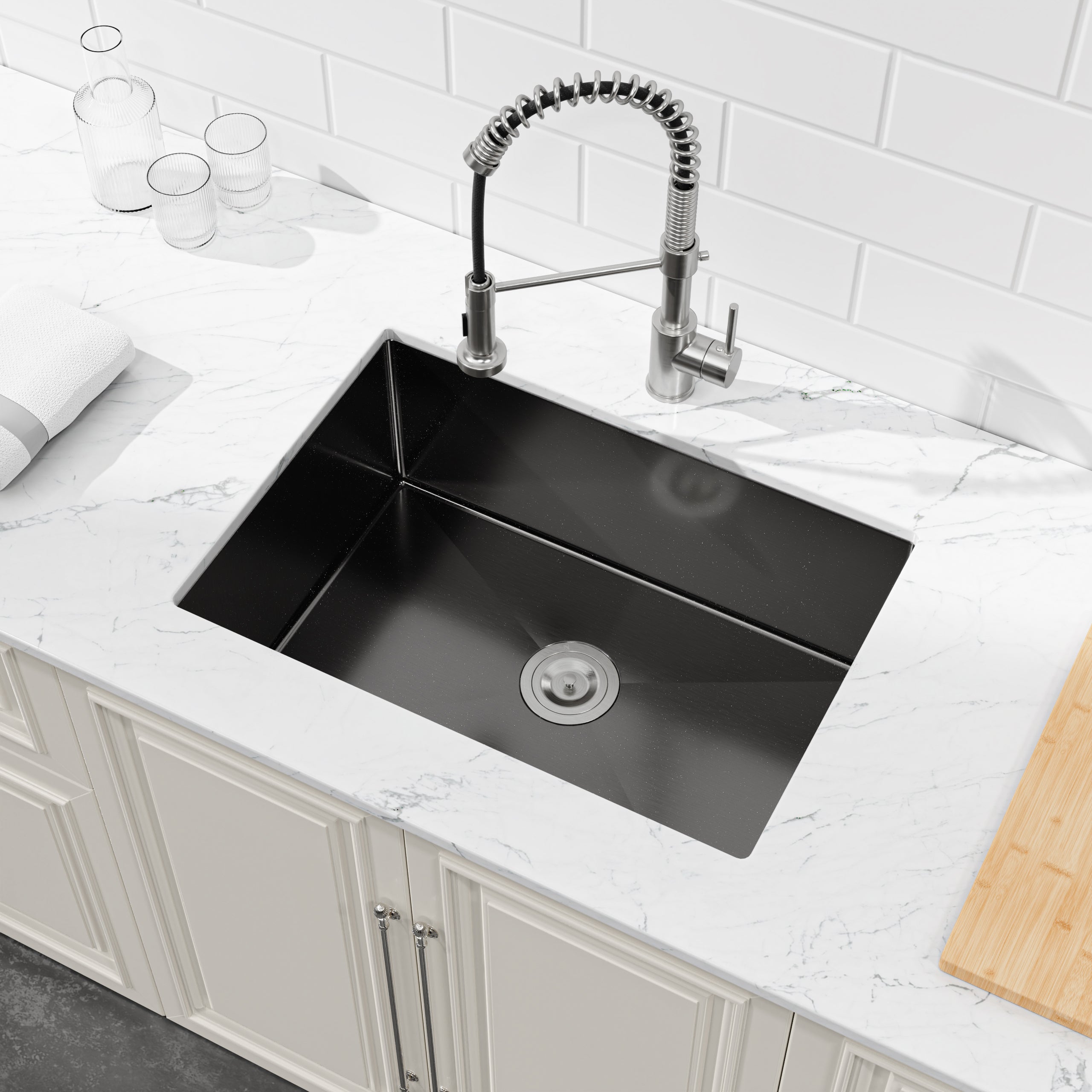 27" Undermount Stainless Steel Kitchen Sink, Single Bowl 16 Gauge Brushed Nickel Handmade Sink with Drain & Hooks