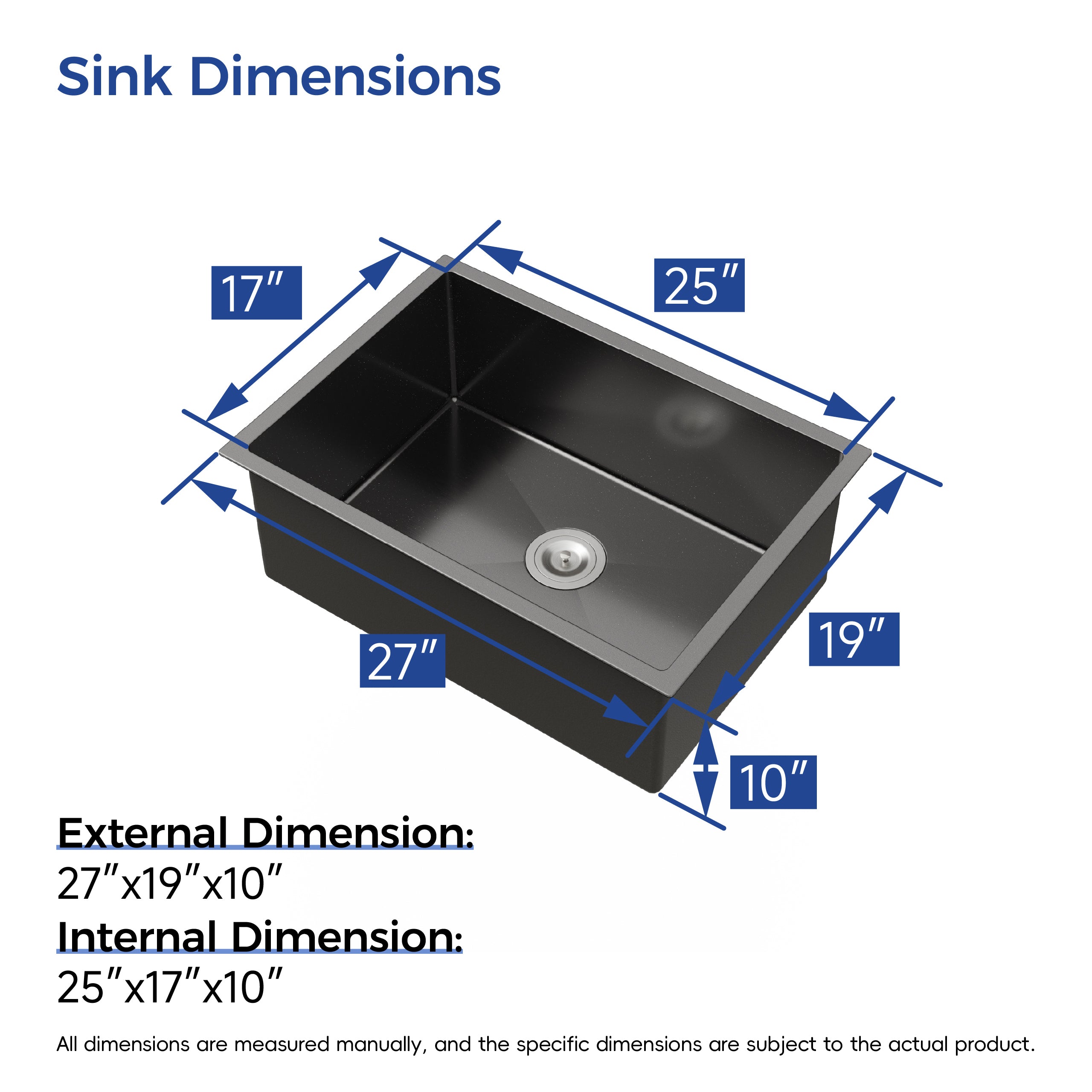 27" Undermount Stainless Steel Kitchen Sink, Single Bowl 16 Gauge Brushed Nickel Handmade Sink with Drain & Hooks