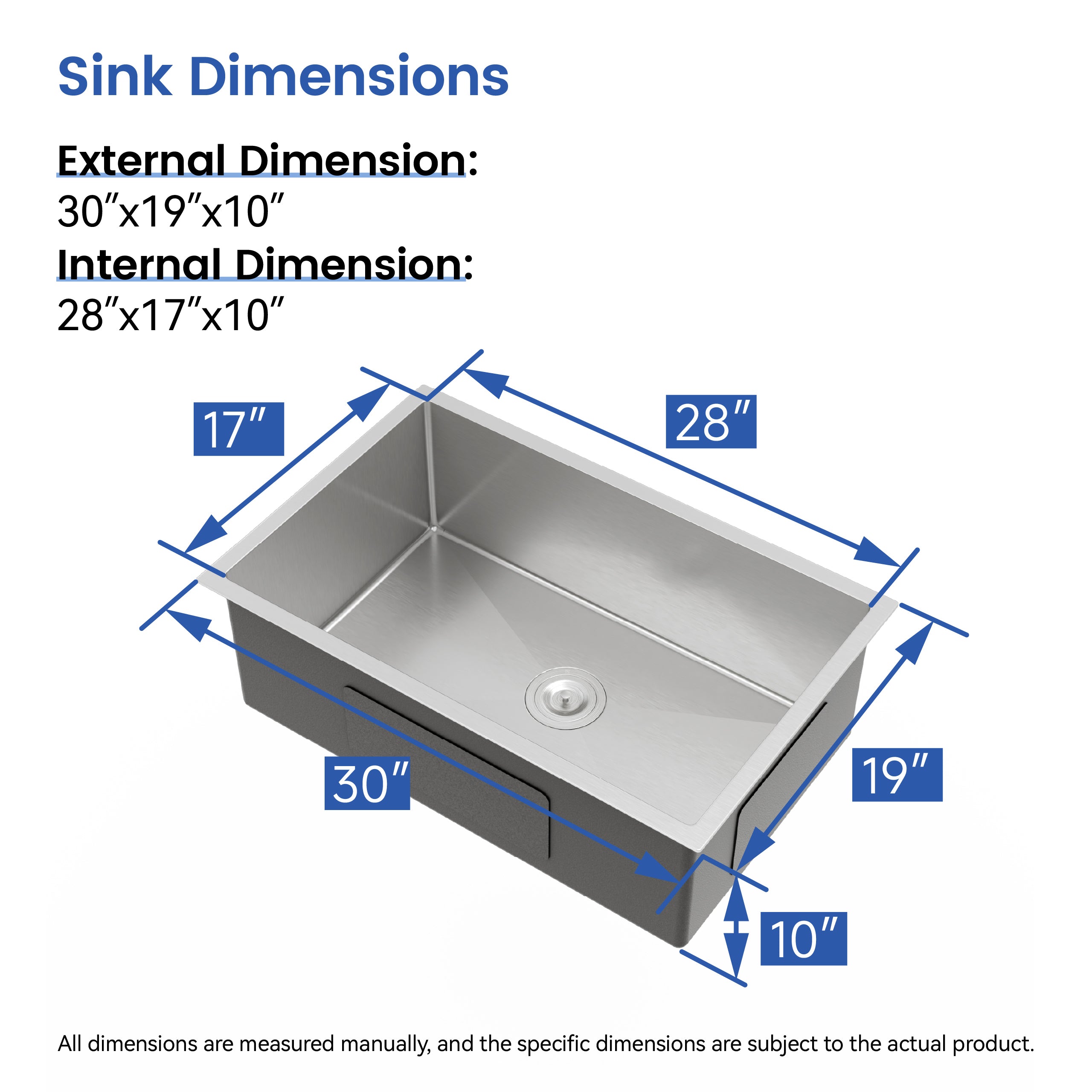 30" Undermount Stainless Steel Kitchen Sink, Single Bowl 16 Gauge Brushed Nickel Handmade Sink with Drain & Hooks