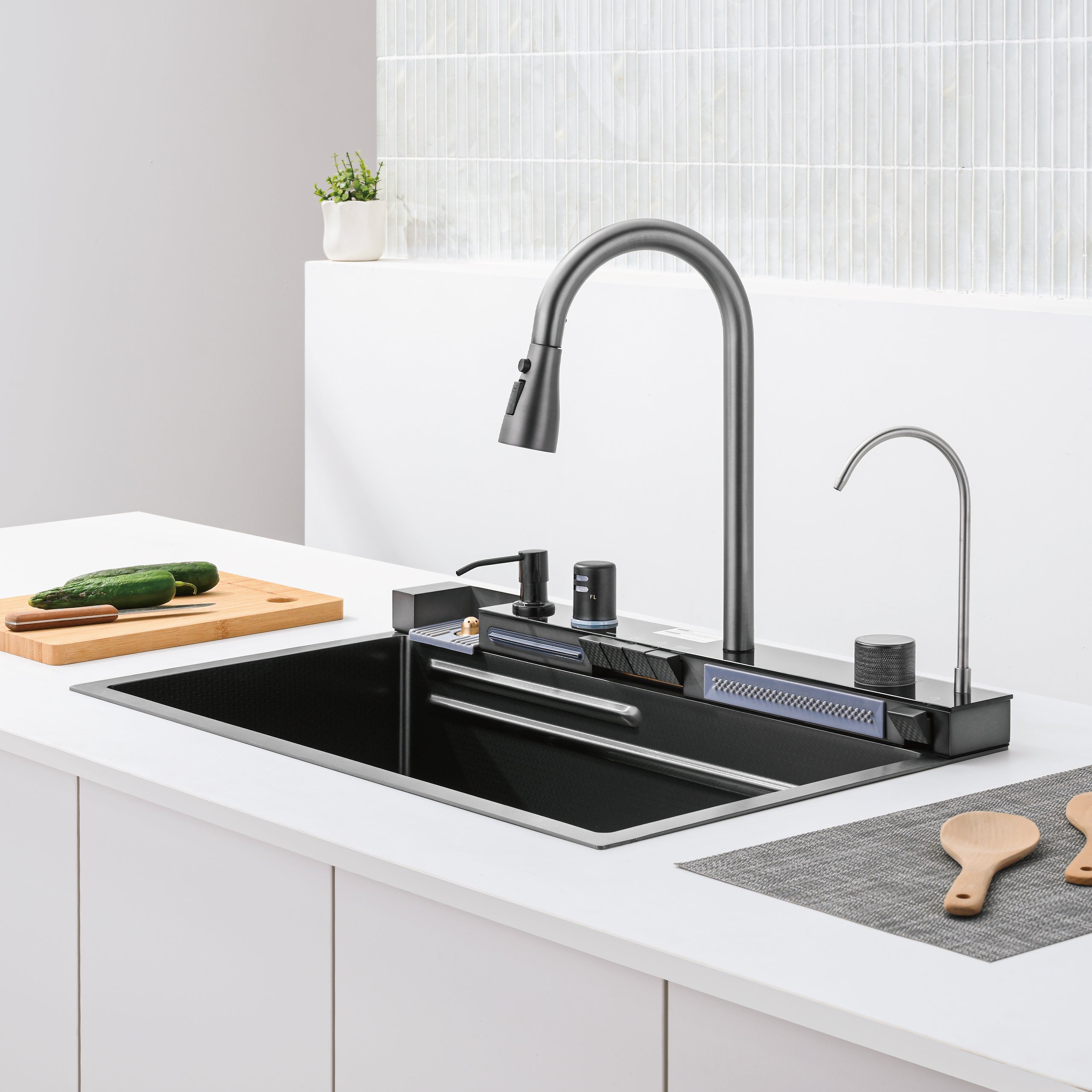 30" x 18" Smart Waterfall Kitchen Sink with Digital Display and Cup Washer