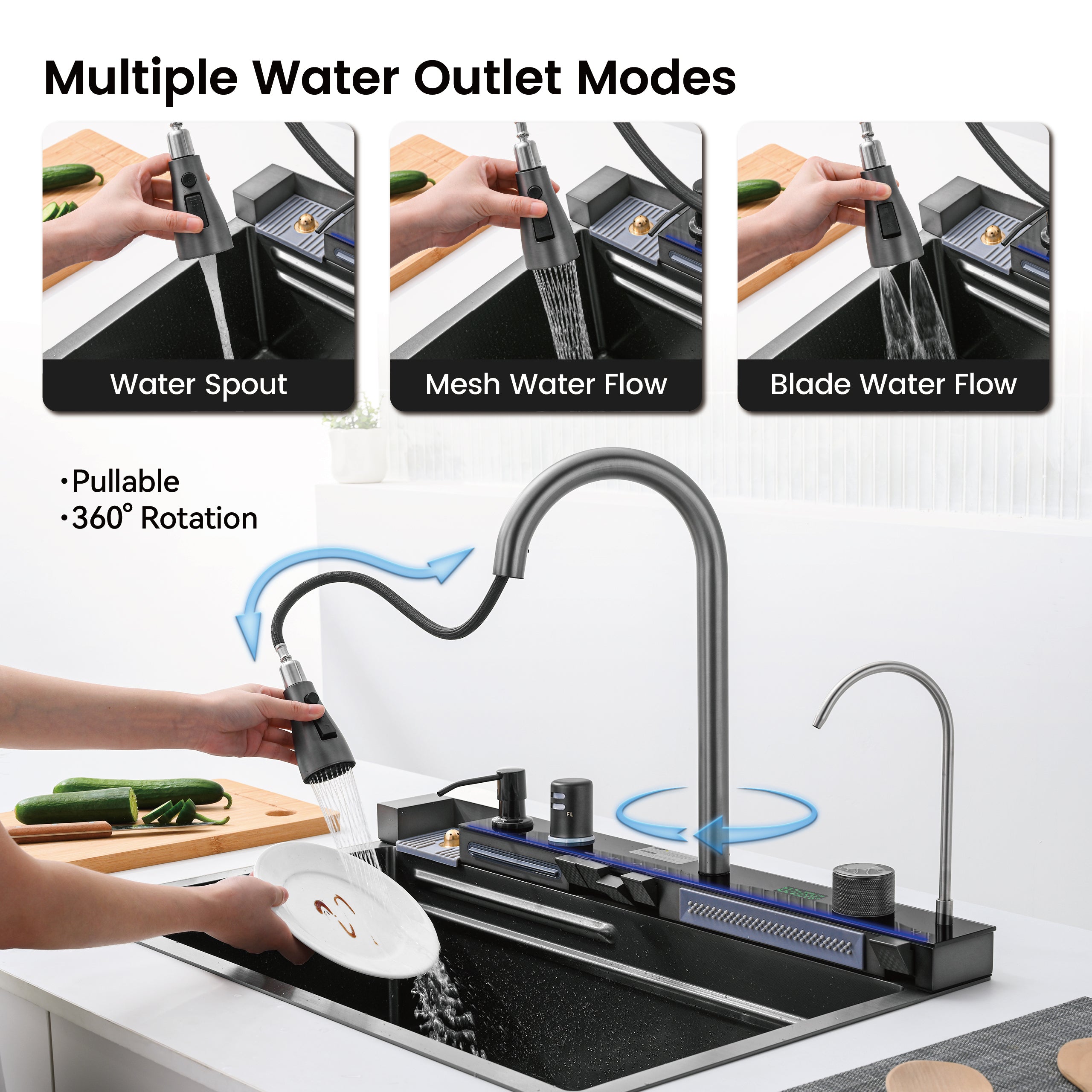 30" x 18" Smart Waterfall Kitchen Sink with Digital Display and Cup Washer
