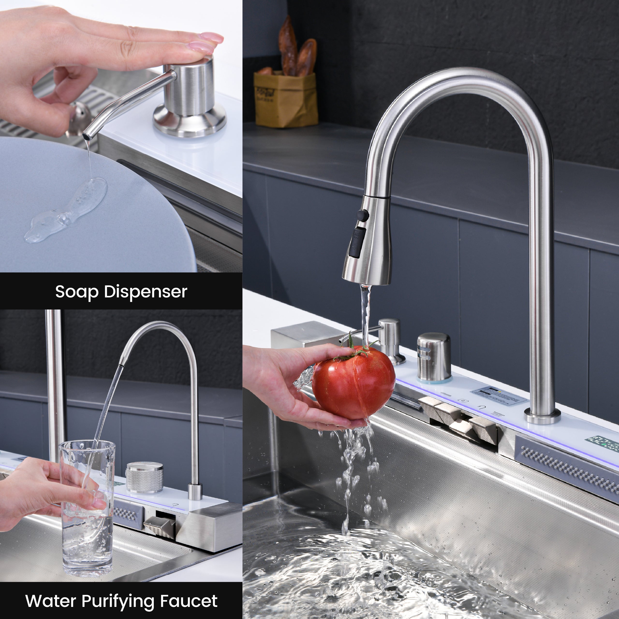 33" x 22" Smart Waterfall Kitchen Sink with Digital Display and Cup Washer