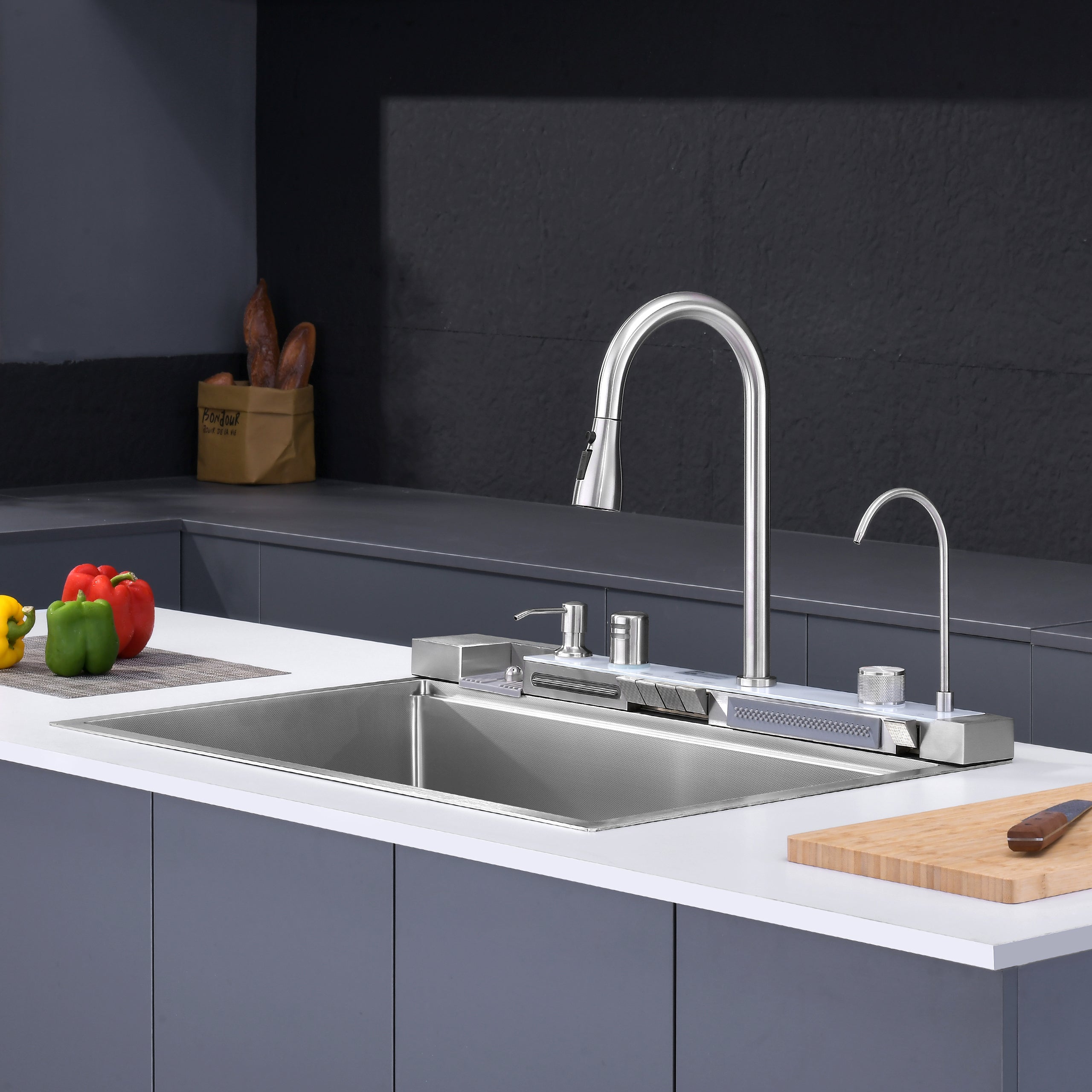 33" x 22" Smart Waterfall Kitchen Sink with Digital Display and Cup Washer