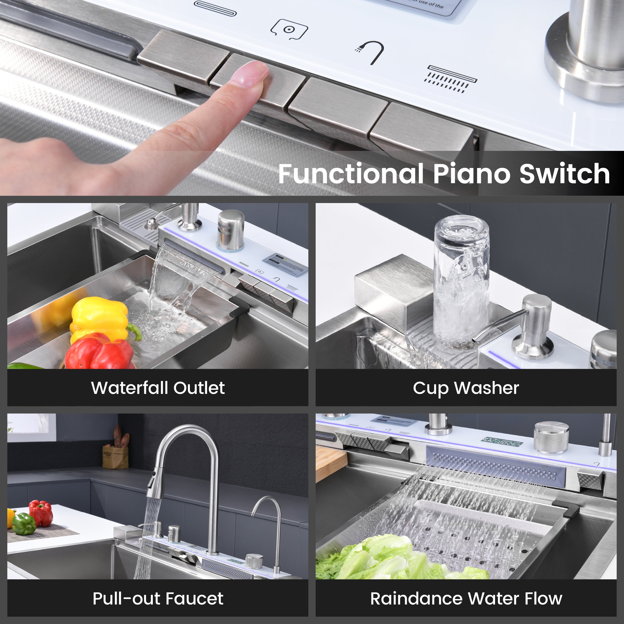33" x 22" Smart Waterfall Kitchen Sink with Digital Display and Cup Washer