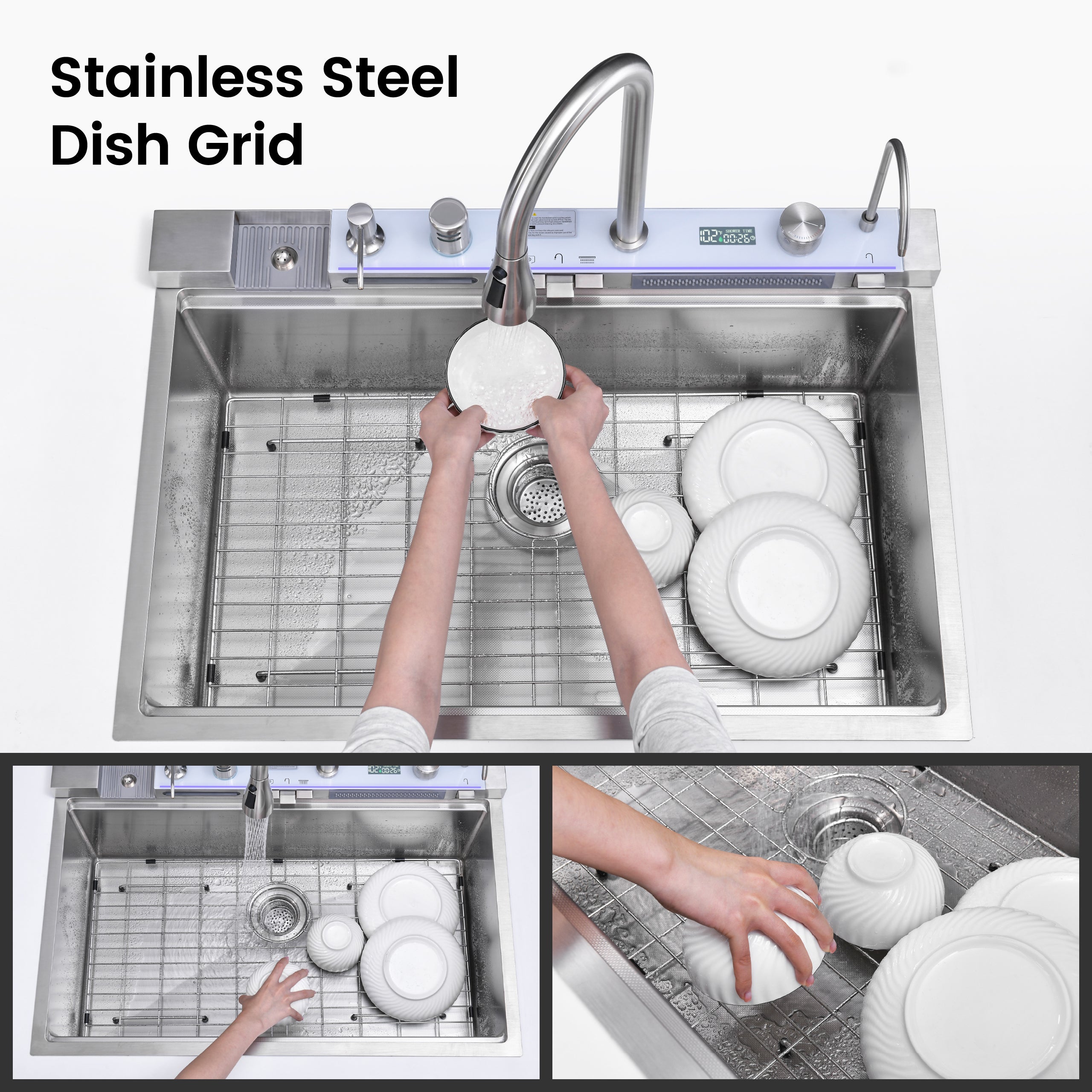 33" x 22" Smart Waterfall Kitchen Sink with Digital Display and Cup Washer