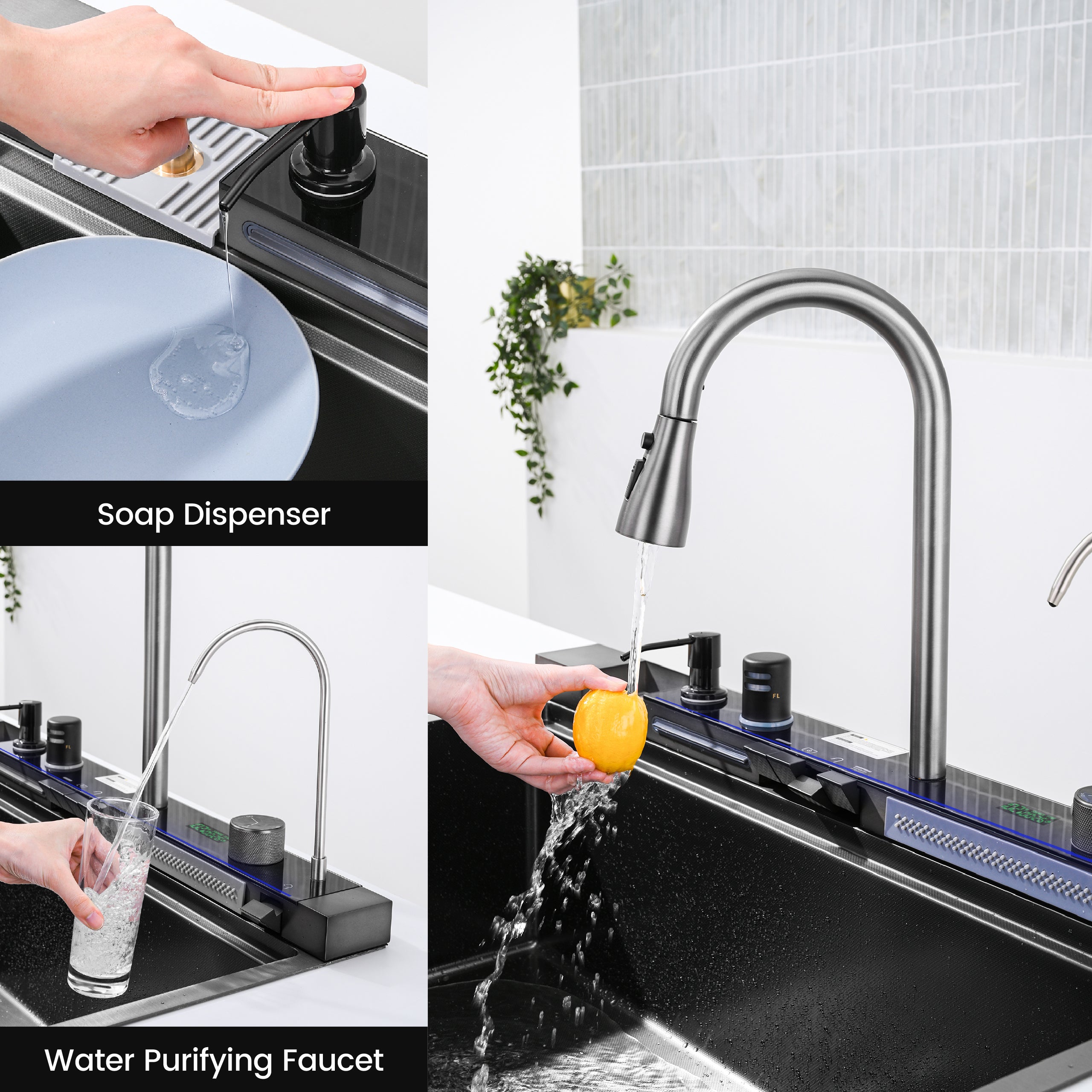 33" x 22" Smart Waterfall Kitchen Sink with Digital Display and Cup Washer