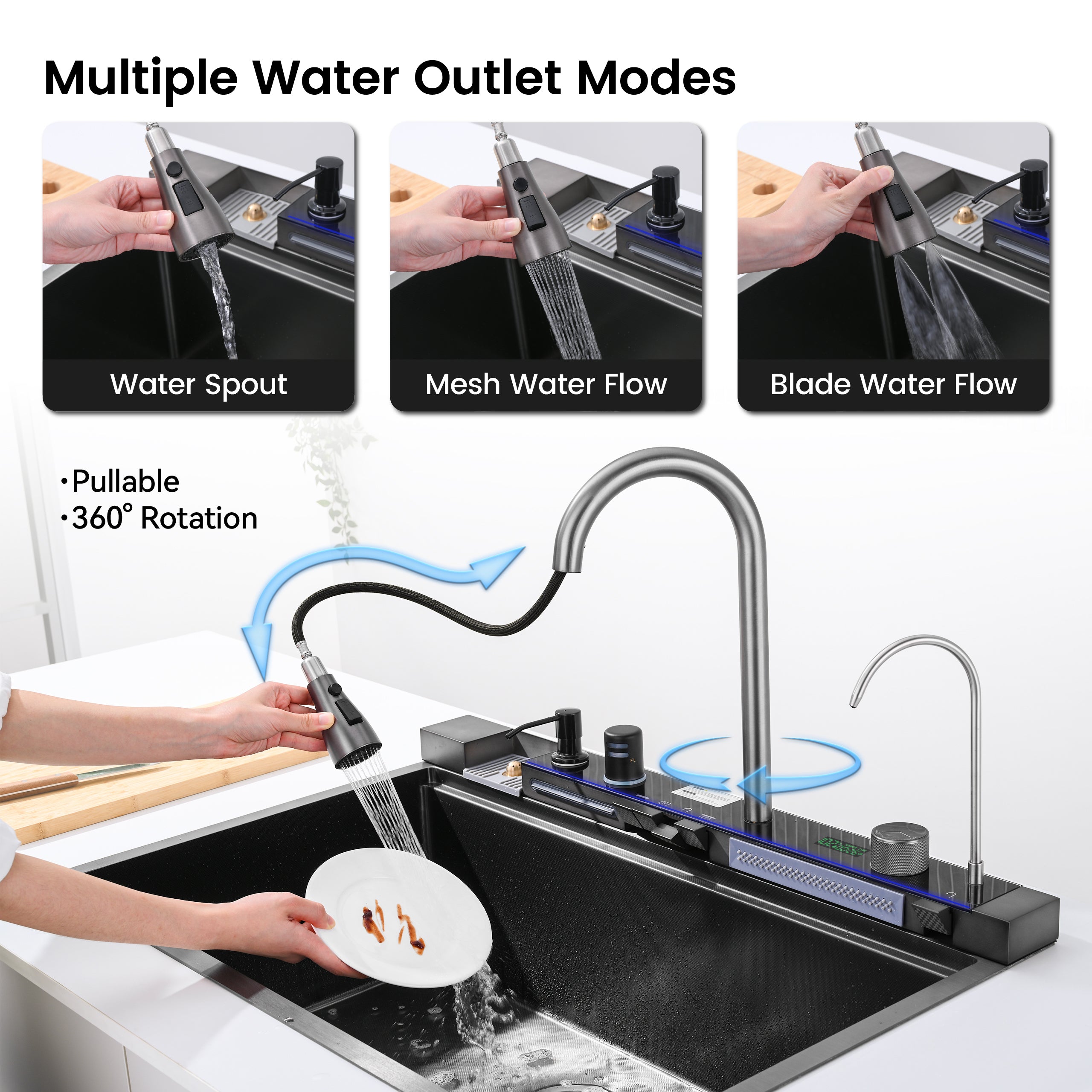33" x 22" Smart Waterfall Kitchen Sink with Digital Display and Cup Washer