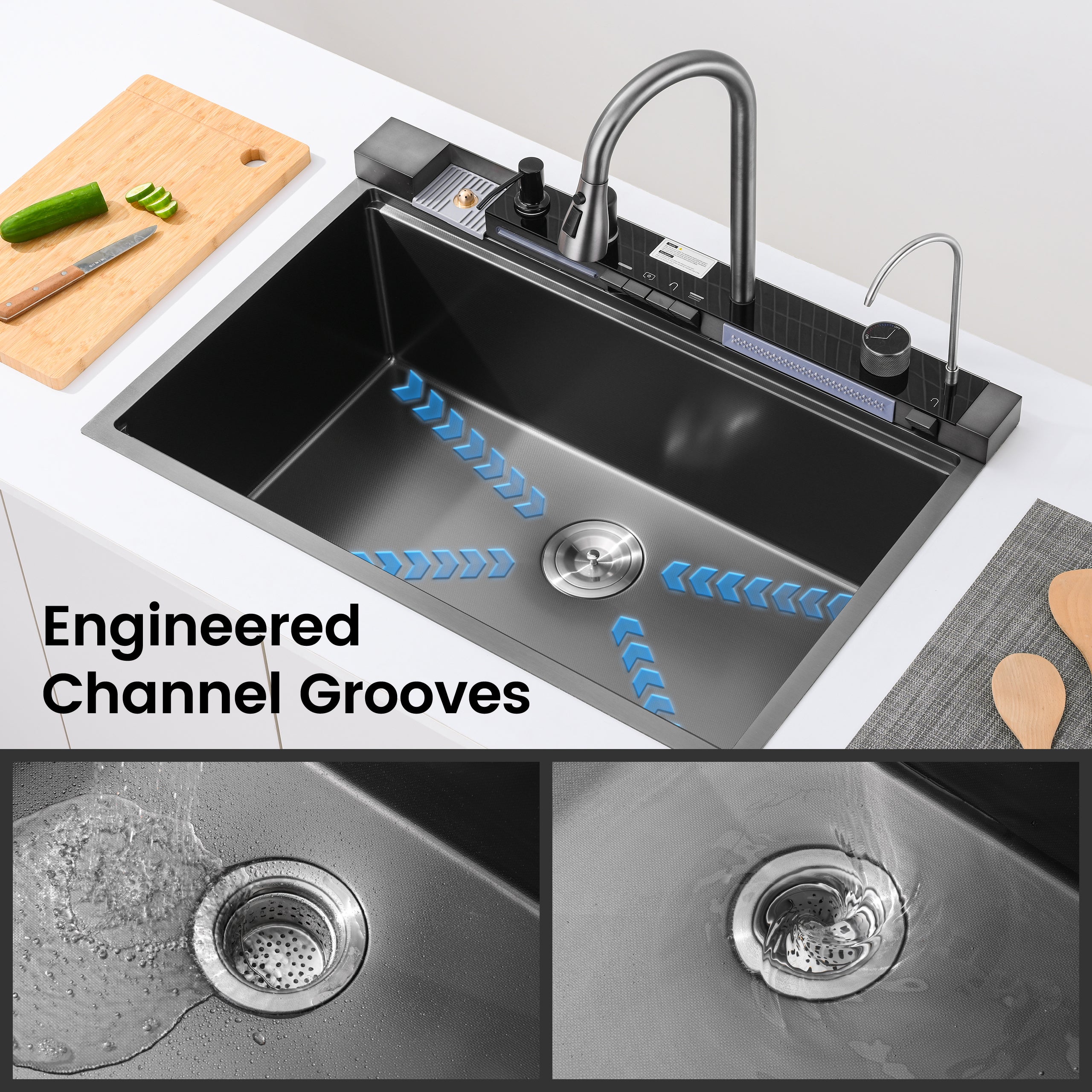 33" x 22" Smart Waterfall Kitchen Sink with Digital Display and Cup Washer