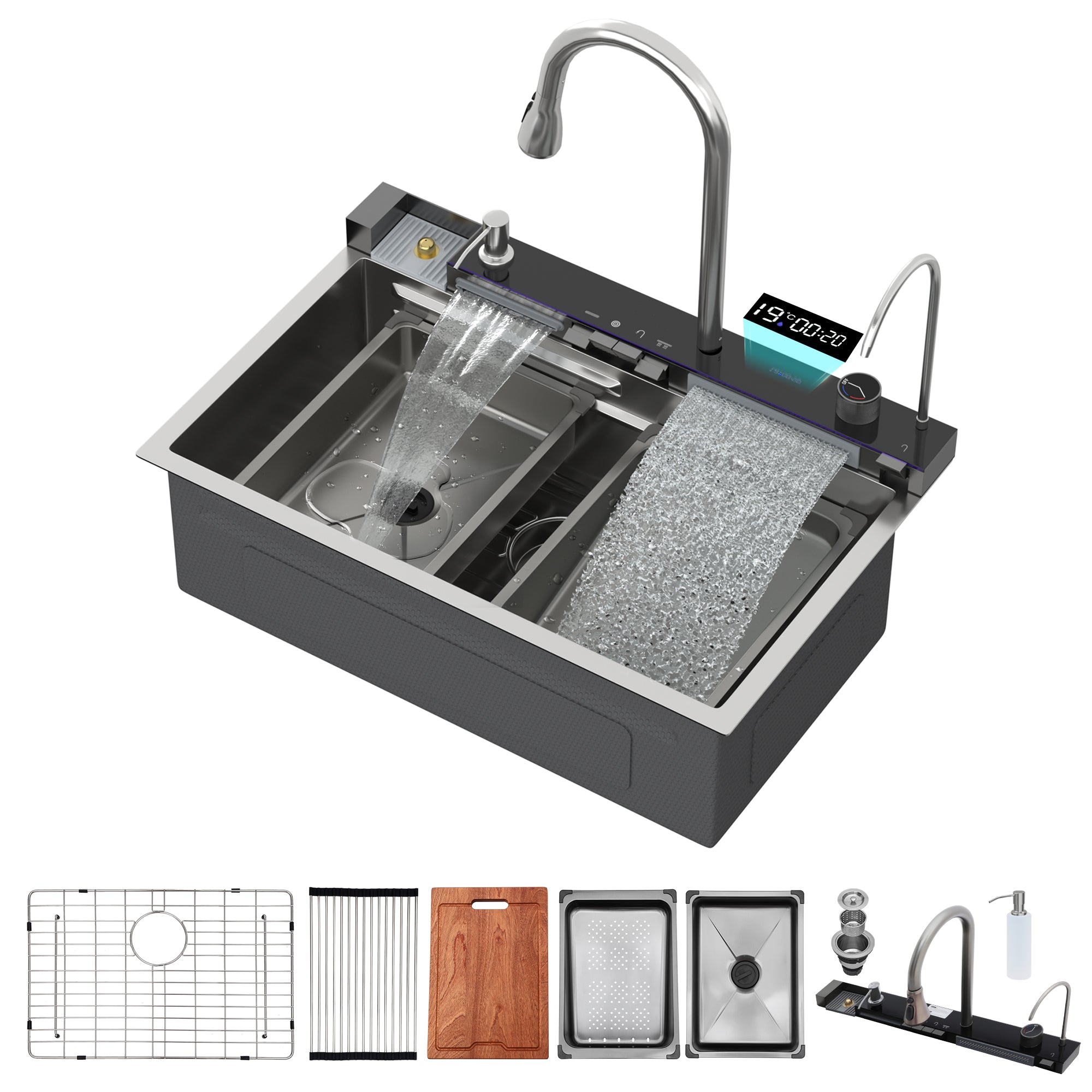 30" Waterfall Kitchen Sink with Smart LED Faucet, 16 Gauge Stainless Steel Top Mount Workstation Sink with Pull-Down Faucet & Cup Rinser
