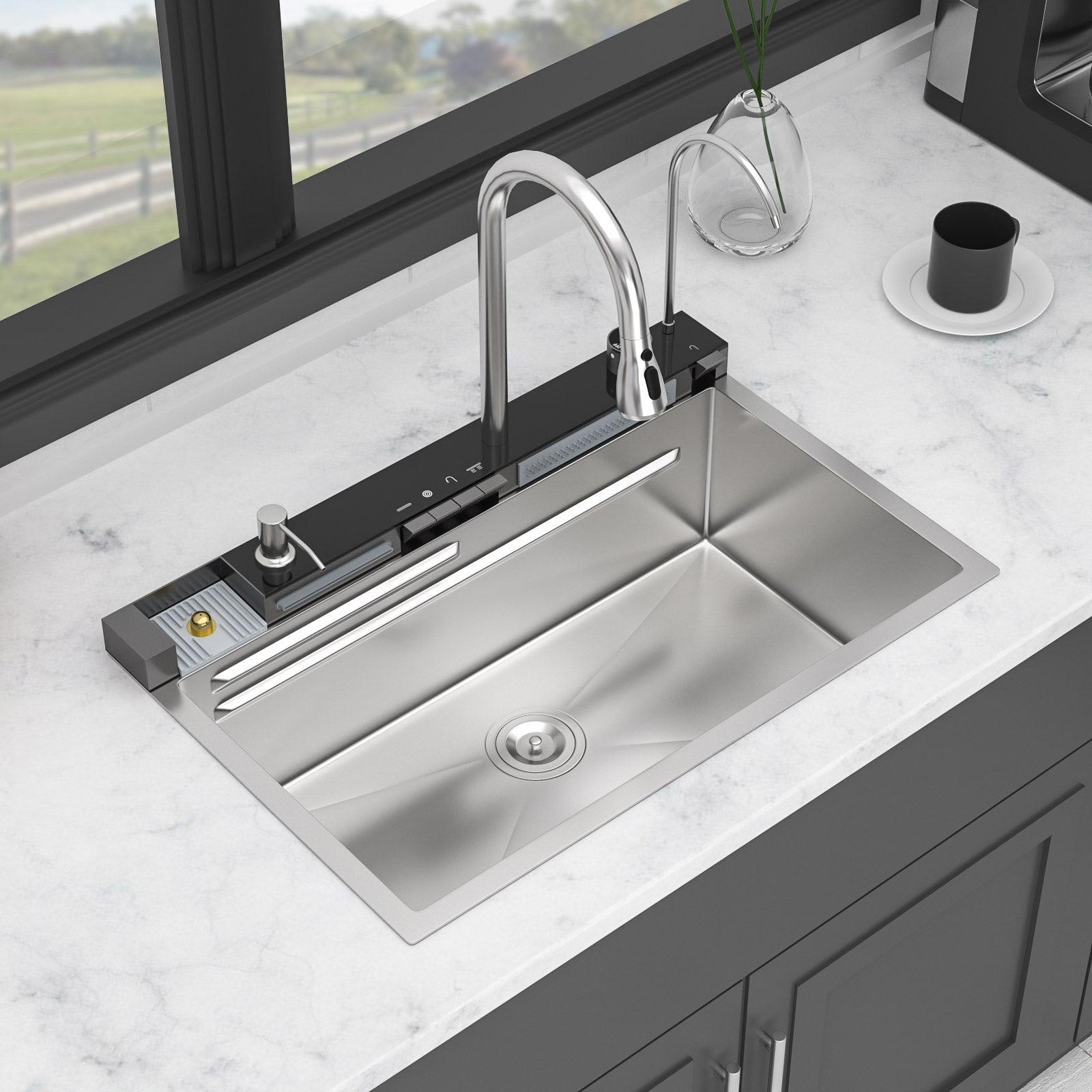 30" Waterfall Kitchen Sink with Smart LED Faucet, 16 Gauge Stainless Steel Top Mount Workstation Sink with Pull-Down Faucet & Cup Rinser